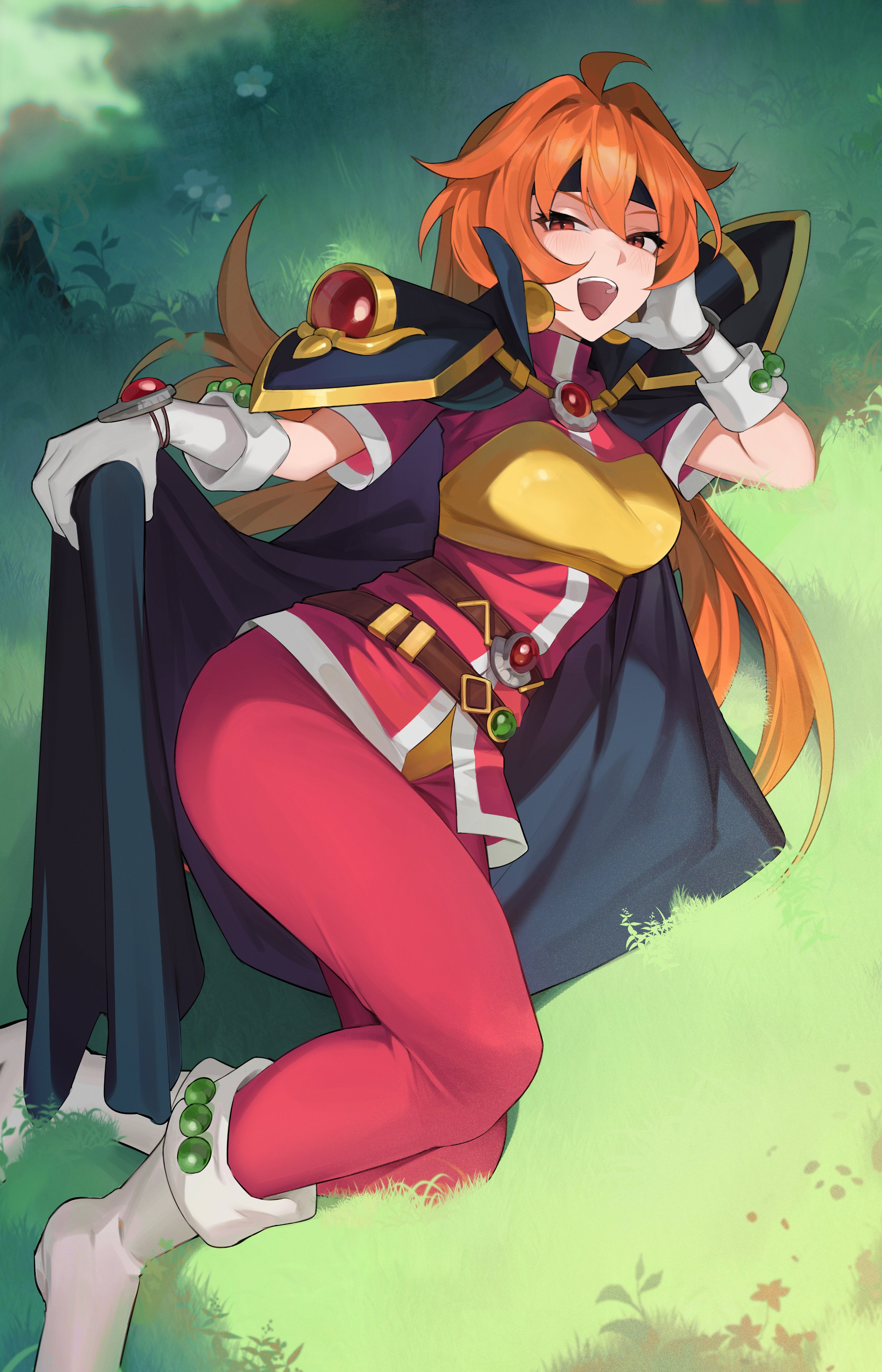 kopam, lina inverse, slayers, absurdres, commentary, commission, highres, 1girl, ahoge, armor, belt, black cape, black headband, blush, boots, breasts, brown belt, cape, earrings, elbow rest, flower, gloves, grass, head rest, headband, jewelry, long hair, looking at viewer, lying, medium breasts, on side, open mouth, orange hair, pants, pauldrons, red eyes, red pants, red shirt, shirt, short sleeves, shoulder armor, smile, solo, sphere earrings, very long hair, white boots, white flower, white gloves