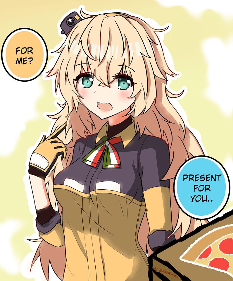 00nowhereman, s.a.t.8 (girls' frontline), girls' frontline, 1girl, 1other, blonde hair, blush, breasts, flag print, food, gloves, green eyes, hairband, italian flag, italian flag print, long hair, looking at viewer, messy hair, open mouth, orange gloves, orange hairband, pizza, pizza box, print ribbon, ribbon, sleeves rolled up, very long hair