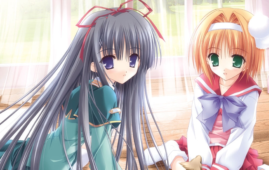 tinker bell (pixiv 10956015), inatsuki nanami, nagase sayaka, soul link, 00s, 2girls, animal, black hair, blue eyes, bow, female focus, green eyes, hair ribbon, hairband, headband, indoors, long hair, multiple girls, orange hair, ribbon, school uniform, serafuku, short hair, sitting, socks, very long hair