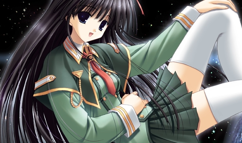 nagase sayaka, soul link, uniform, 00s, black hair, long hair, necktie, skirt, solo, space, thighhighs, zettai ryouiki