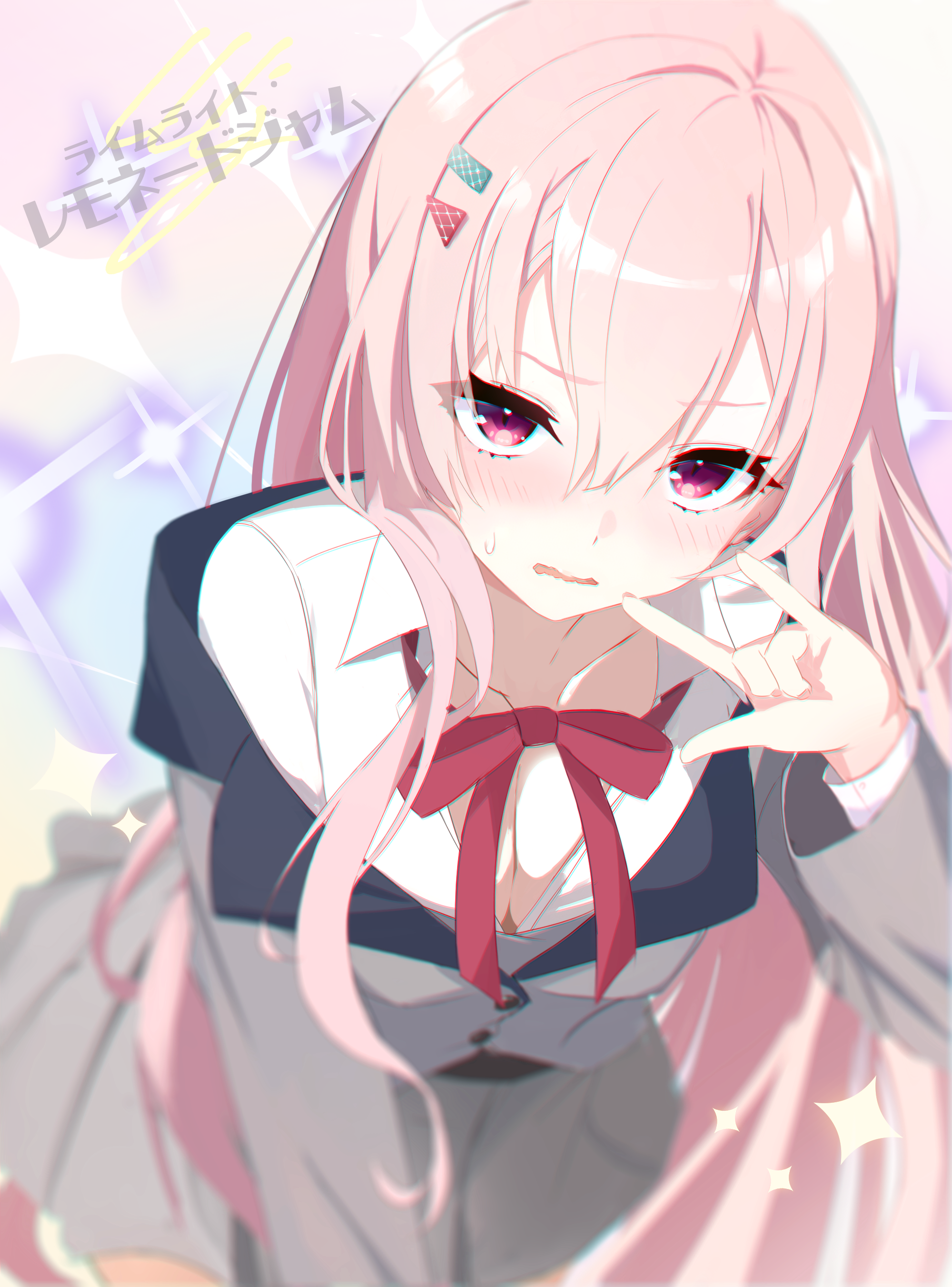 doruzou18, limelight lemonade jam, absurdres, commentary request, highres, 1girl, m/, blurry, blurry background, blush, bow, bowtie, breasts, buttons, charo (meme), cleavage, collared shirt, copyright name, cowboy shot, depth of field, embarrassed, eyelashes, eyes visible through hair, grey jacket, grey skirt, hair between eyes, hair ornament, hair over shoulder, hairclip, hand up, harumi ena, jacket, large breasts, leaning forward, long hair, long sleeves, looking at viewer, meme, open clothes, open mouth, open shirt, parallel hairclips, pink hair, red bow, red bowtie, red eyes, school uniform, shirt, sidelocks, skirt, slit pupils, solo, sparkle, upturned eyes, v-shaped eyebrows, very long hair, wavy mouth, white shirt