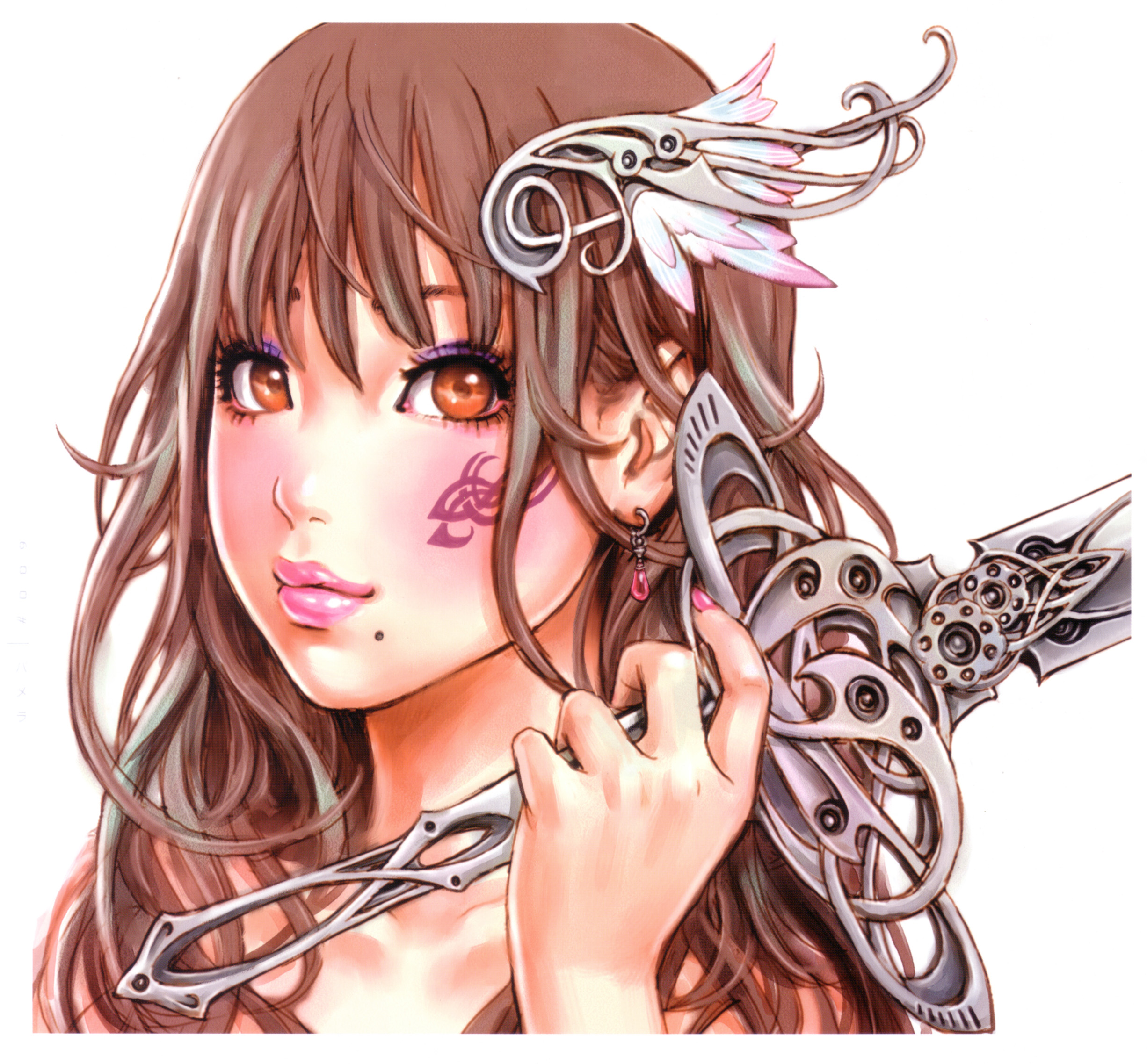 yamashita shun'ya, wild flower, highres, 1girl, brown hair, facial tattoo, female focus, hair ornament, holding, holding sword, holding weapon, lipstick, long hair, makeup, nail polish, pink nails, portrait, simple background, solo, sword, tattoo, weapon, white background