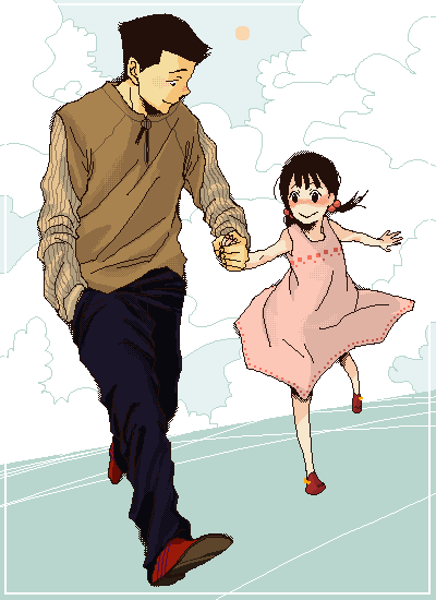 9 (bie), ushiro kana, yoshikawa kanji, bokurano, bad id, bad pixiv id, 1boy, 1girl, black hair, dress, happy, hetero, holding hands, smile