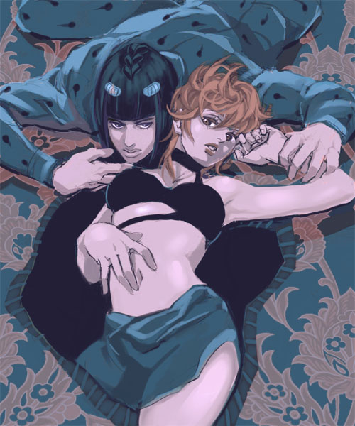 bruno bucciarati, trish una, jojo no kimyou na bouken, 1boy, 1girl, armpits, black hair, brown eyes, brown hair, couple, hair ornament, hairclip, hetero, lipstick, looking at viewer, lying, makeup, midriff, navel, on back, on stomach, skirt