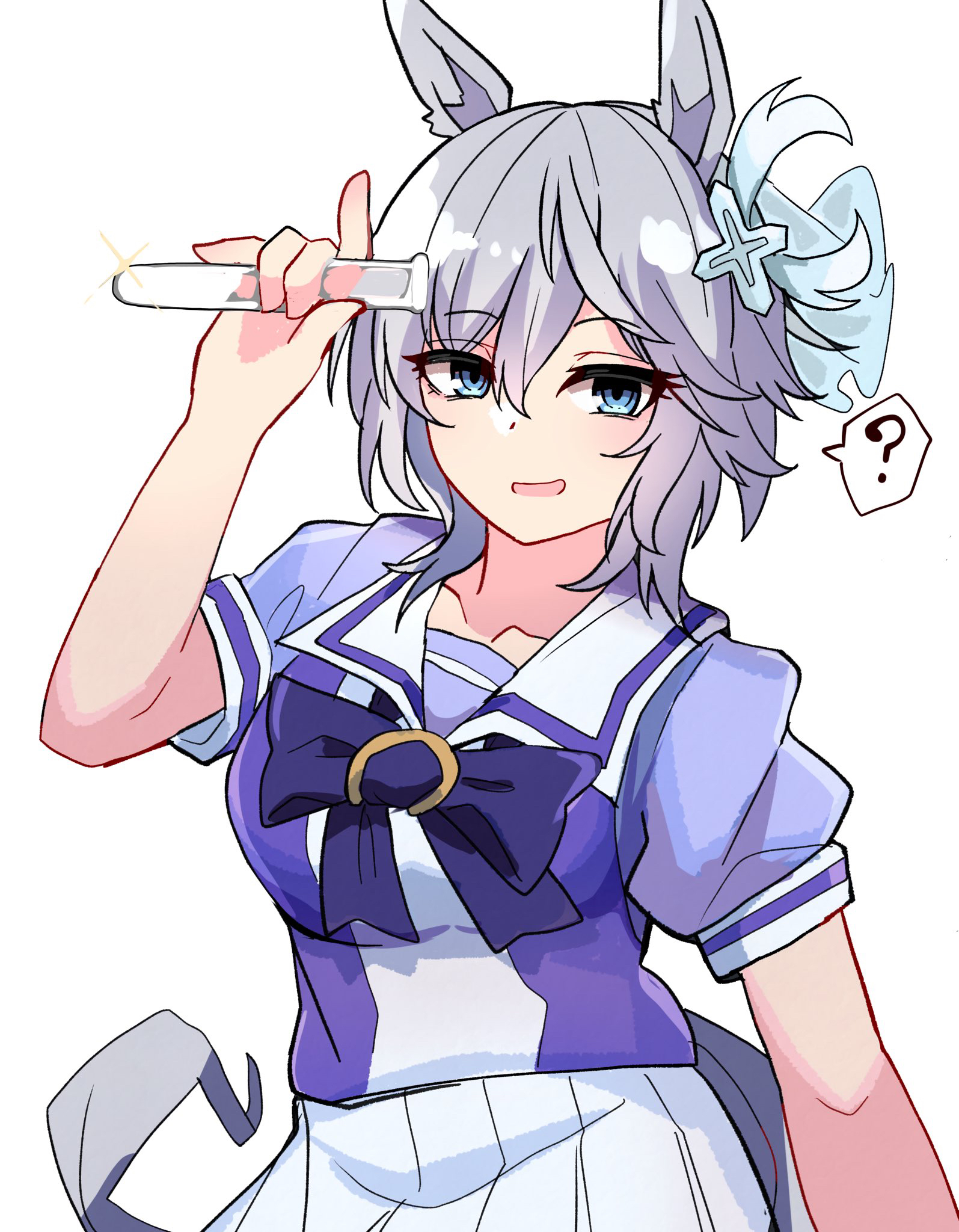 kawamochi (tddm3573), agnes tachyon (umamusume), anastasia (idolmaster), uesaka sumire, idolmaster, idolmaster cinderella girls, umamusume, highres, 1girl, ?, animal ears, arm up, blue eyes, borrowed hairstyle, bow, collarbone, glint, grey hair, holding, horse ears, horse girl, horse tail, pleated skirt, puffy short sleeves, puffy sleeves, purple bow, purple shirt, school uniform, shirt, short sleeves, simple background, skirt, solo, spoken question mark, tail, test tube, tracen school uniform, vial, voice actor connection, white background, white skirt, wolf cut