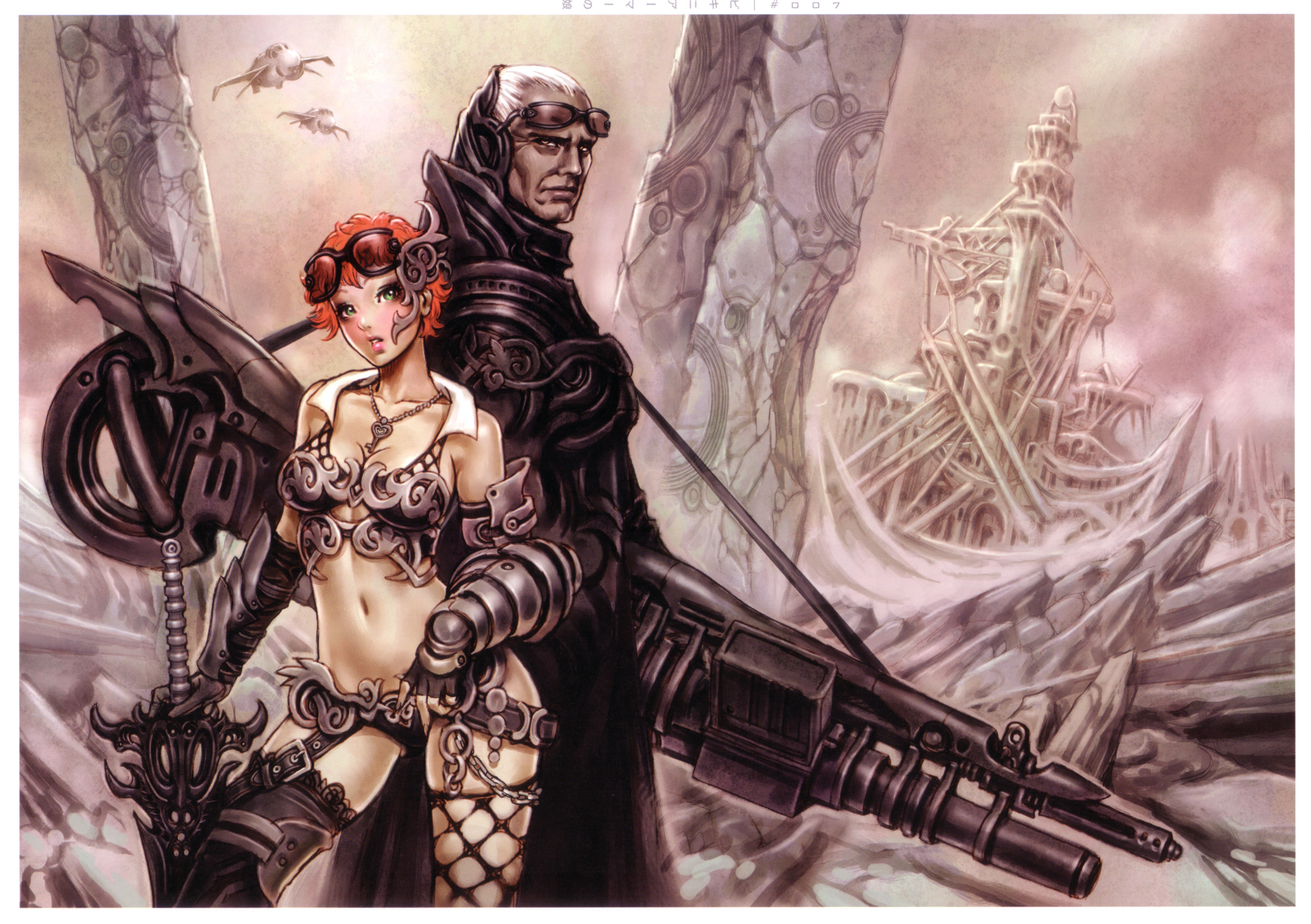 yamashita shun'ya, wild flower, absurdres, highres, 1boy, 1girl, aircraft, airplane, armor, breasts, cleavage, green eyes, gun, jewelry, medium breasts, midriff, necklace, red hair, ruins, short hair, sunglasses, sword, thighhighs, weapon