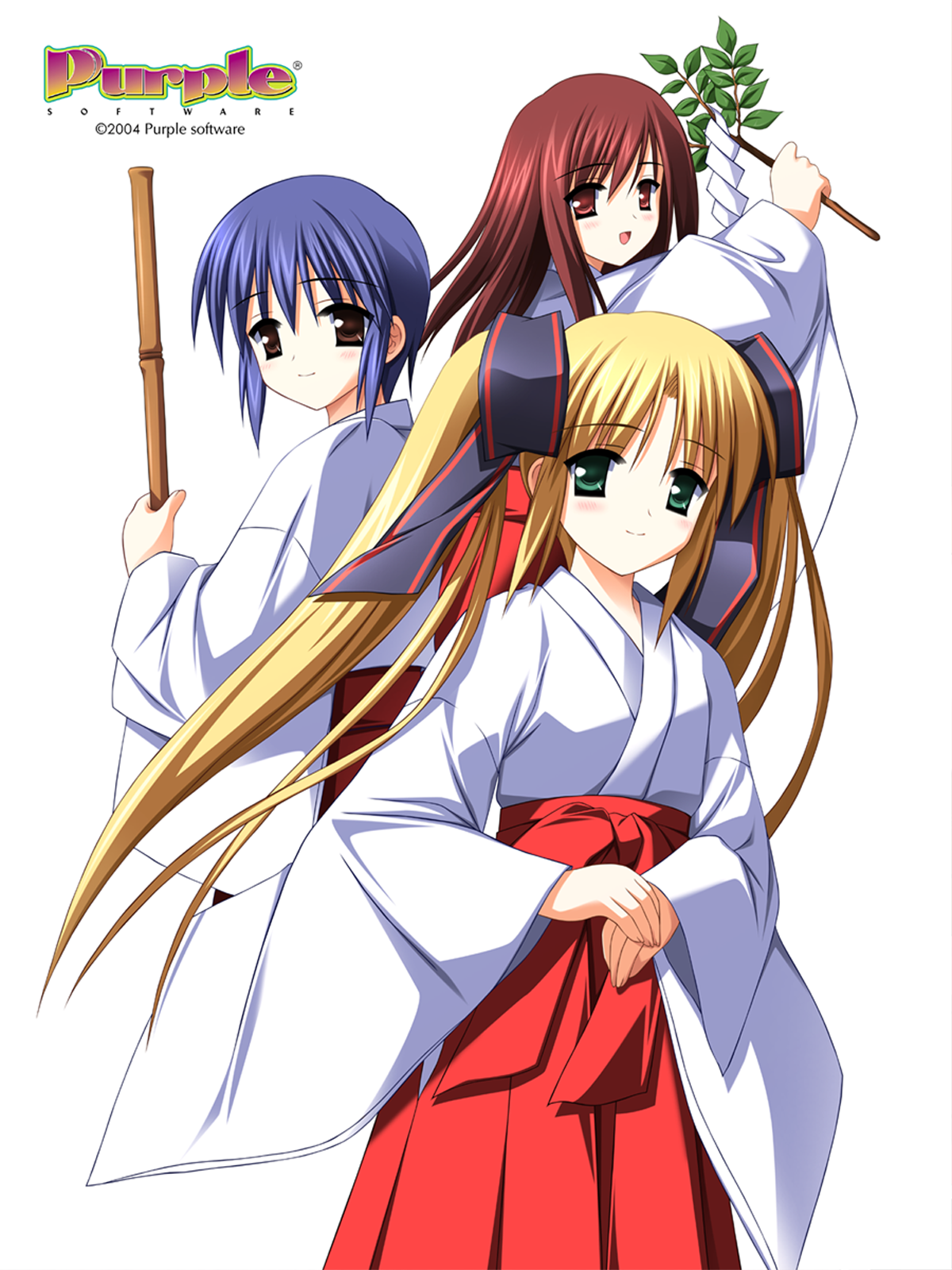 zinno, kannagi kanata, kannagi towa, kannagi yuu, karen (game), karen (purple software), purple software, highres, official art, 00s, 2004, 3girls, bamboo, blonde hair, blue eyes, blue hair, blush, branch, broom, green eyes, hair ribbon, hakama, hakama skirt, japanese clothes, miko, multiple girls, red eyes, red hair, red hakama, ribbon, shide, simple background, skirt, smile