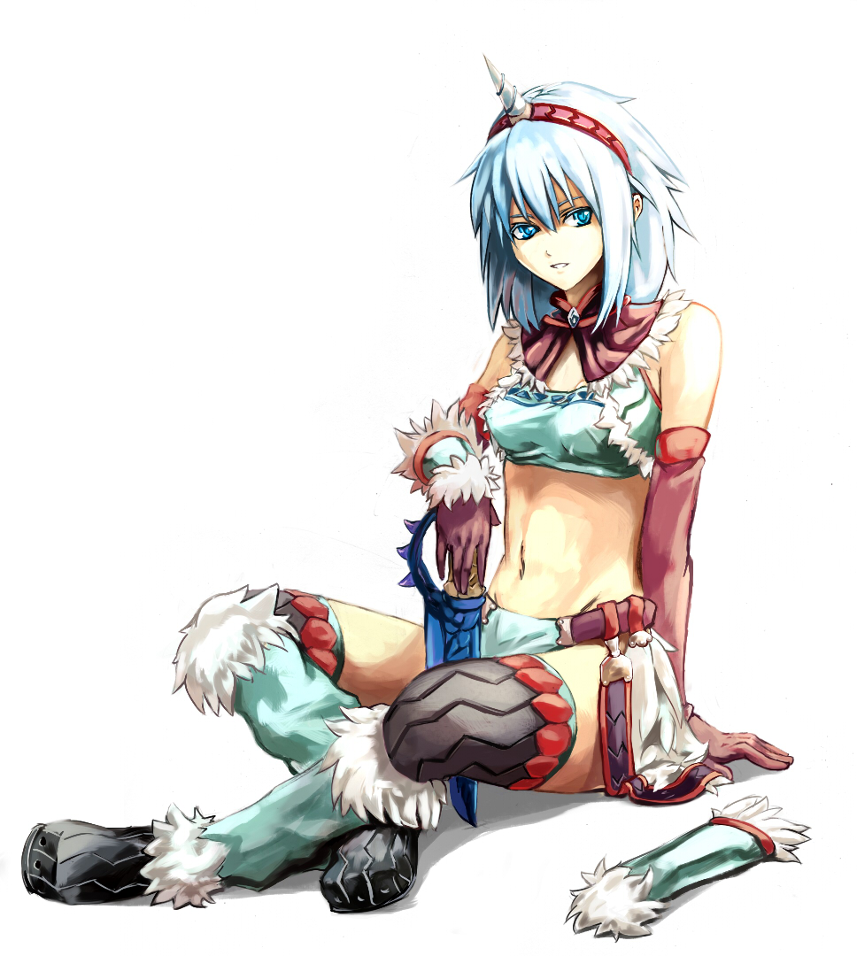 shibasaki shouji, capcom, monster hunter (series), 1girl, blue eyes, boots, elbow gloves, female focus, gloves, hairband, horns, kirin (armor), midriff, simple background, single horn, sitting, solo, thighhighs, weapon, white hair