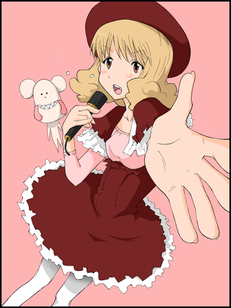 ta (tama20150125), koyemshi, tokosumi aiko, bokurano, bad id, bad pixiv id, blonde hair, blush, border, hat, idol, music, pantyhose, singing, solo