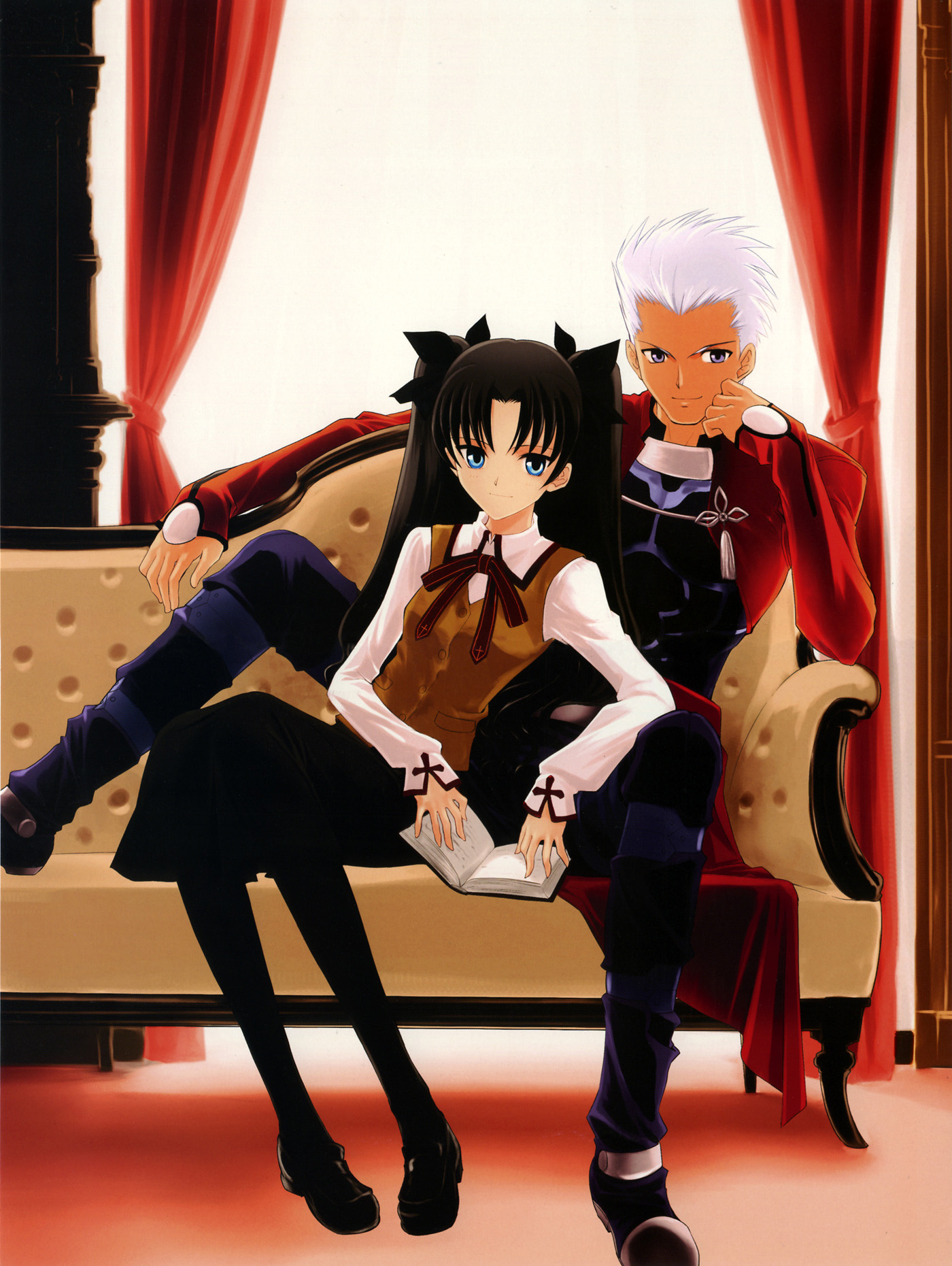 shirotsumekusa, archer (fate), tohsaka rin, fate/stay night, fate (series), highres, non-web source, 00s, 1boy, 1girl, black hair, blue eyes, book, couch, dark-skinned male, dark skin, long hair, pantyhose, sitting, white hair, window