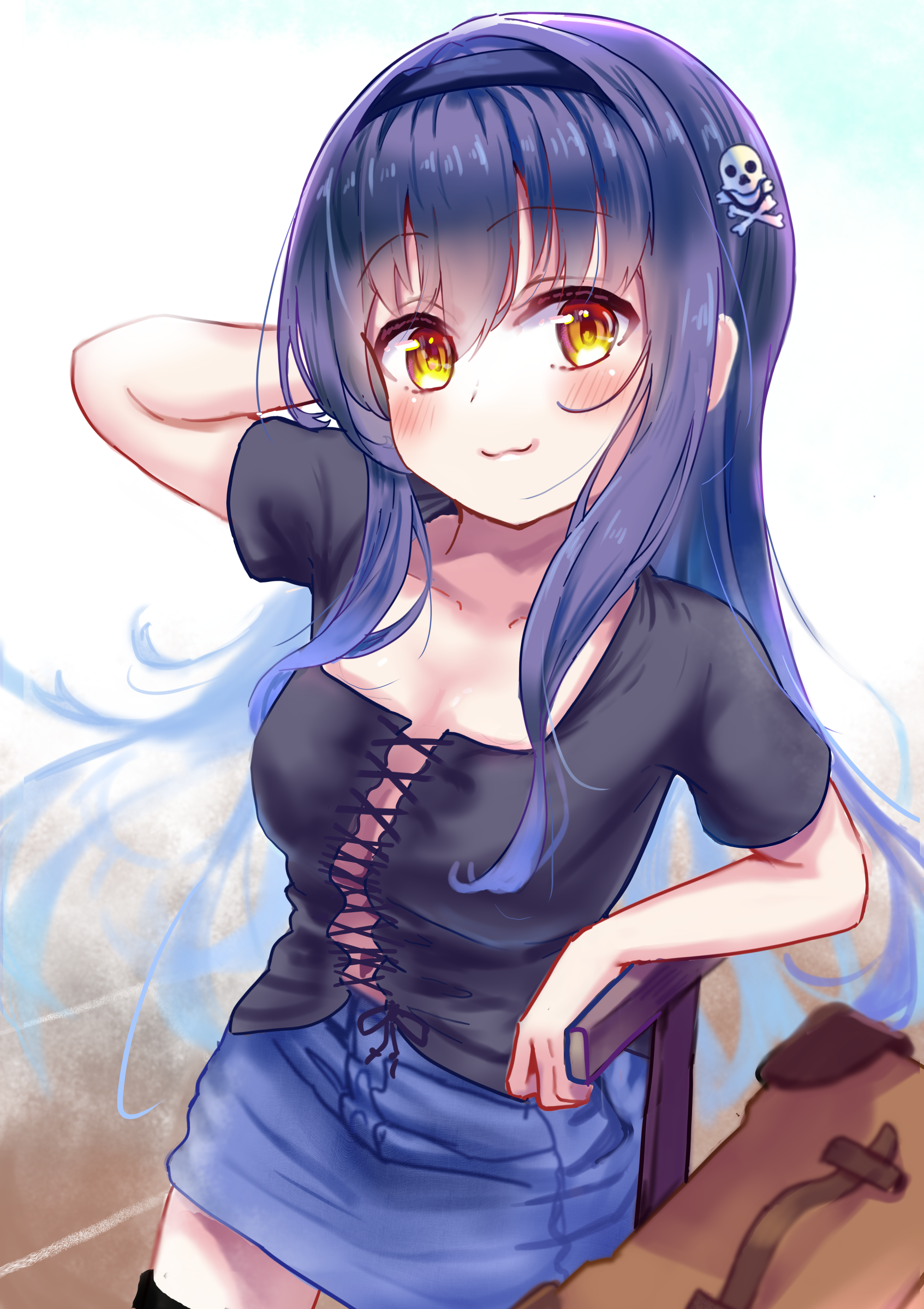 charcoa72170283, kushima kamome, summer pockets, absurdres, commentary request, commission, highres, 1girl, :3, alternate costume, arm behind head, black hair, black hairband, black shirt, blue skirt, blush, bone hair ornament, breasts, casual, closed mouth, collarbone, cowboy shot, day, eyes visible through hair, floating hair, hair between eyes, hair ornament, hairband, hand on own hip, large breasts, long hair, looking at viewer, outdoors, pencil skirt, rolling suitcase, shirt, short sleeves, sidelocks, skirt, skull and crossbones, skull hair ornament, smile, solo, suitcase, very long hair, yellow eyes