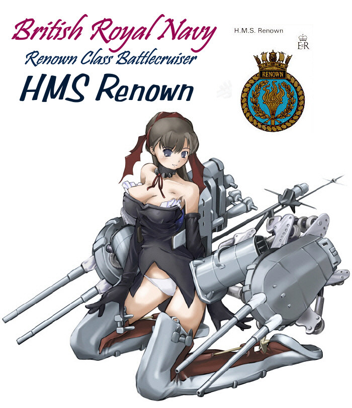 nano (nanosize), hms renown, original, navy, jpeg artifacts, 1girl, anchor, boots, cannon, choker, detached collar, elbow gloves, english text, female focus, gloves, grey boots, gun, mecha musume, military, panties, ponytail, royal navy, ship, solo, underwear, watercraft, weapon