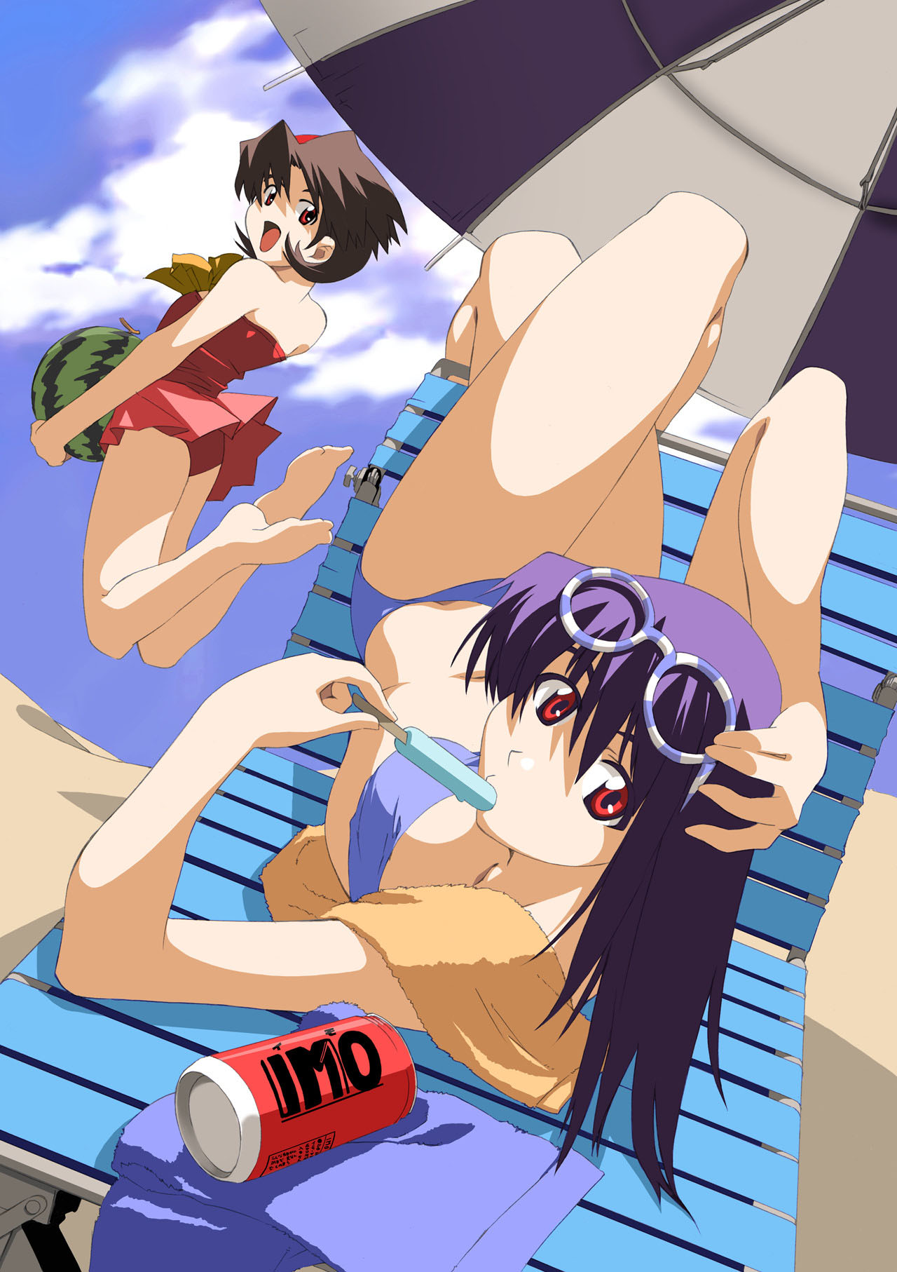 katakura shinji, kutsuki futaba, kutsuki wakaba, futaba channel, green green, highres, 00s, 2girls, barefoot, beach, beach umbrella, bikini, brown hair, can, chair, cloud, day, eating, food, fruit, glasses, grey hair, hairband, happy, holding, jumping, long hair, looking at viewer, looking back, lounge chair, lying, multiple girls, on back, one-piece swimsuit, open mouth, outdoors, popsicle, purple hair, red eyes, short hair, siblings, sisters, sky, swimsuit, towel, umbrella, watermelon