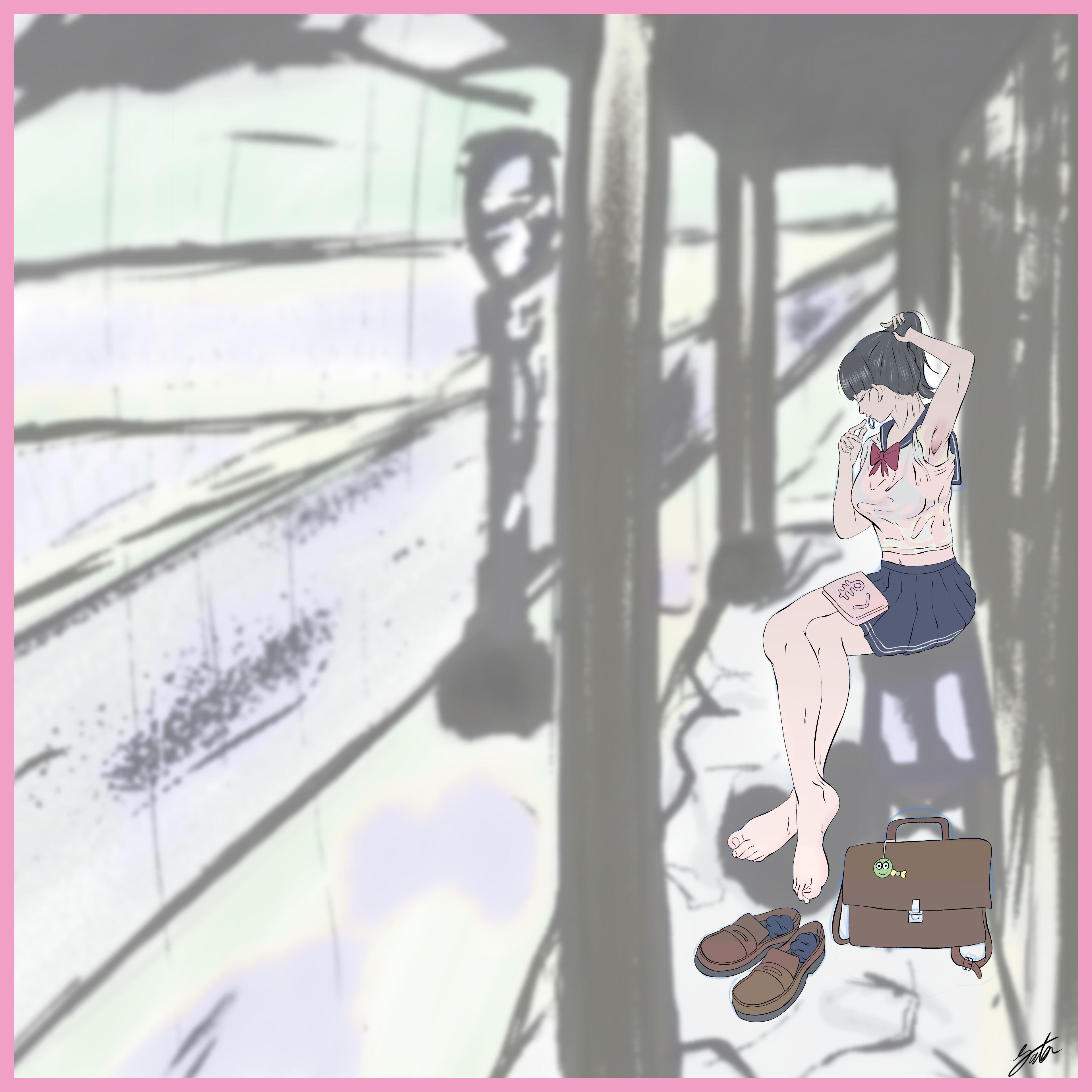 yataglass, absurdres, highres, 1girl, barefoot, black hair, closed eyes, feet, loafers, long hair, school uniform, shoes, sitting, socks, toes, unworn shoes, unworn socks, wet, wet clothes