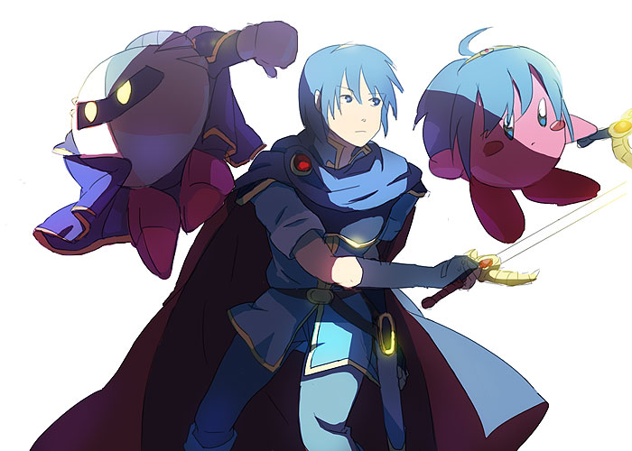 kirby, marth (fire emblem), meta knight, fire emblem, fire emblem: mystery of the emblem, kirby (series), nintendo, super smash bros., 1boy, ahoge, armor, blue eyes, blue hair, cape, mask, simple background, sword, weapon, white background, yellow eyes