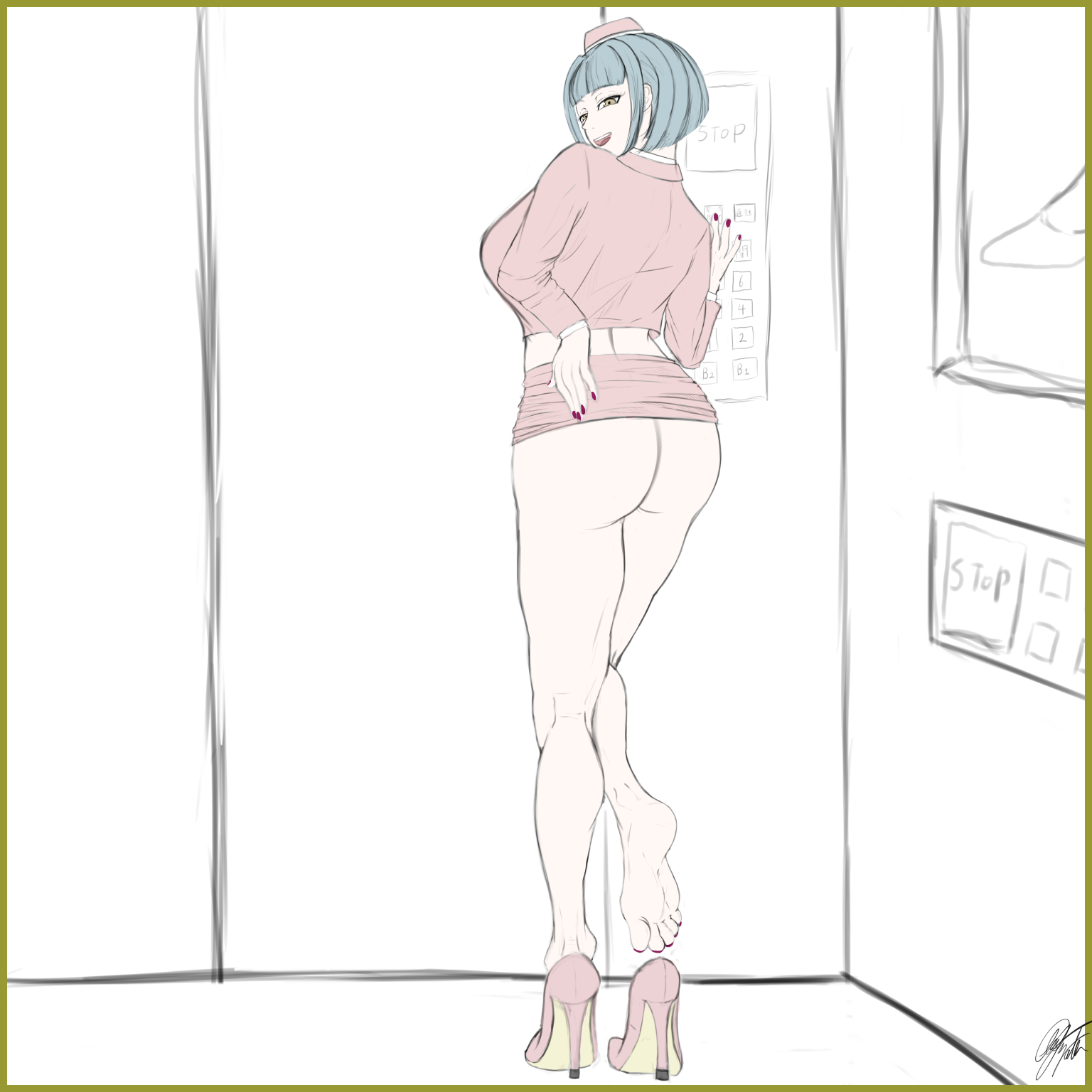 yataglass, highres, 1girl, ass, barefoot, brown eyes, clothes lift, feet, green hair, looking at viewer, medium hair, office lady, open mouth, shoes, skirt, skirt lift, soles, toes, unworn shoes