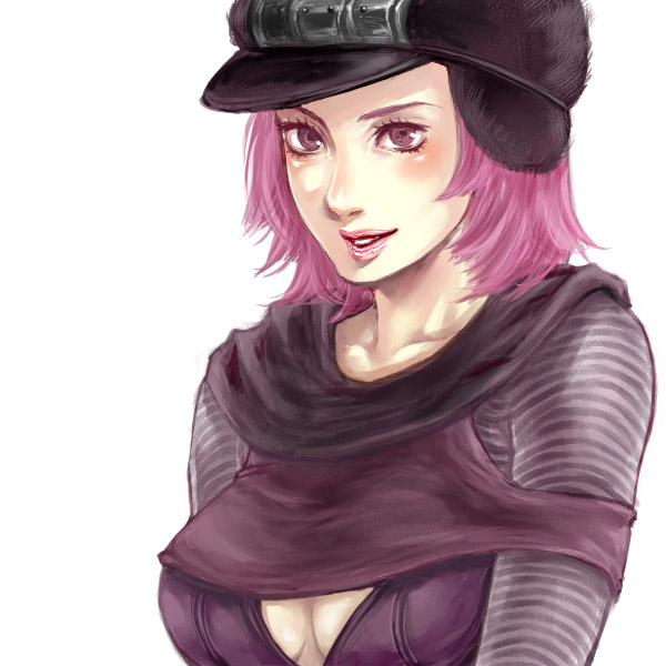 ayako usagi, hot pants (sbr), jojo no kimyou na bouken, steel ball run, bad id, bad pixiv id, 1girl, breasts, cleavage, female focus, hat, lipstick, makeup, medium breasts, pink eyes, pink hair, short shorts, shorts, smile, solo