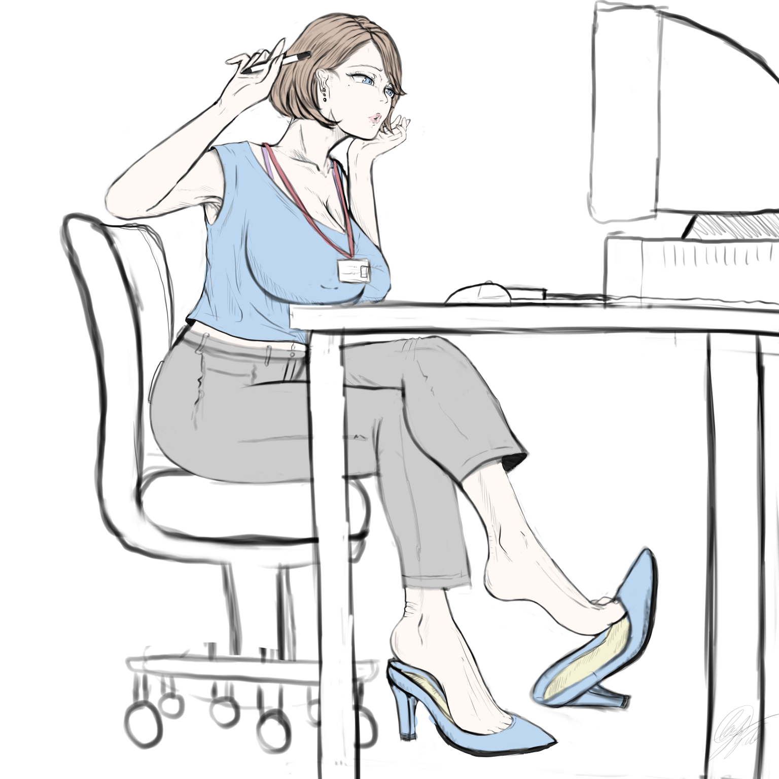 yataglass, highres, 1girl, blue eyes, brown hair, crossed legs, desk, feet, lanyard, medium hair, mole, mole under eye, office lady, parted lips, shoe dangle, sleeveless