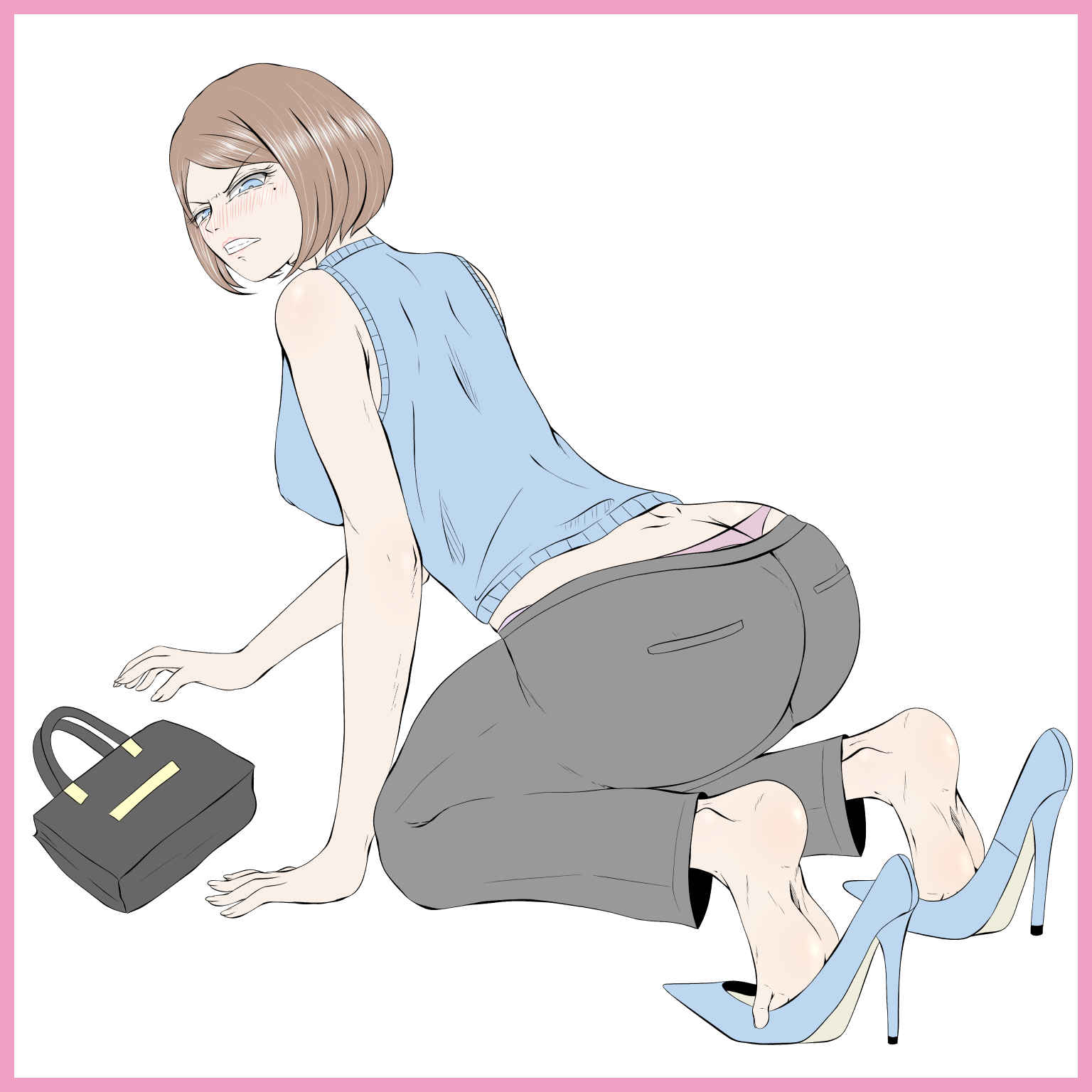 yataglass, highres, 1girl, ass, bag, barefoot, blue eyes, blush, brown hair, clenched teeth, feet, handbag, looking at viewer, medium hair, mole, mole under eye, office lady, panties, pantyshot, shoes, sleeveless, soles, teeth, toes, underwear, unworn shoes