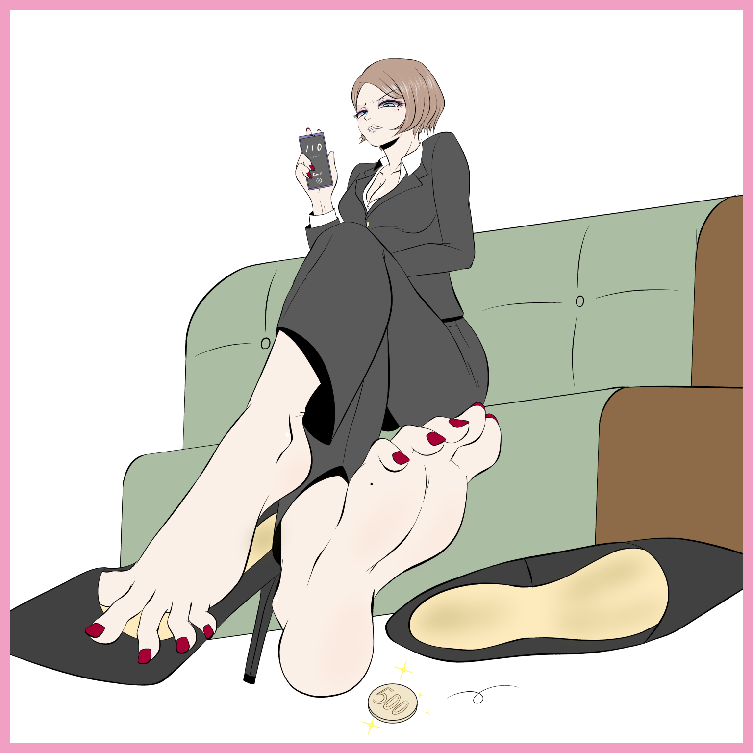 yataglass, highres, 1girl, barefoot, blue eyes, breasts, brown hair, business suit, cellphone, cleavage, clenched teeth, couch, crossed legs, feet, formal clothes, looking at viewer, medium hair, mole, mole under eye, office lady, phone, shoes, smartphone, soles, suit, teeth, toes, unworn shoes
