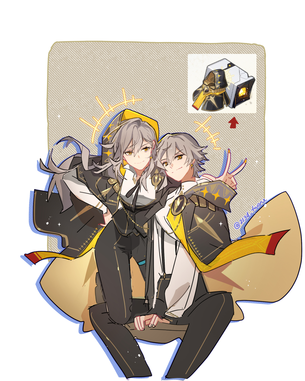 2134twone, caelus (honkai: star rail), stelle (honkai: star rail), trailblazer (honkai: star rail), honkai: star rail, honkai (series), highres, 1boy, 1girl, artist name, black cloak, black pants, cloak, grey hair, hood, hooded cloak, long hair, pants, shirt, short hair, twitter username, v, white shirt, yellow eyes