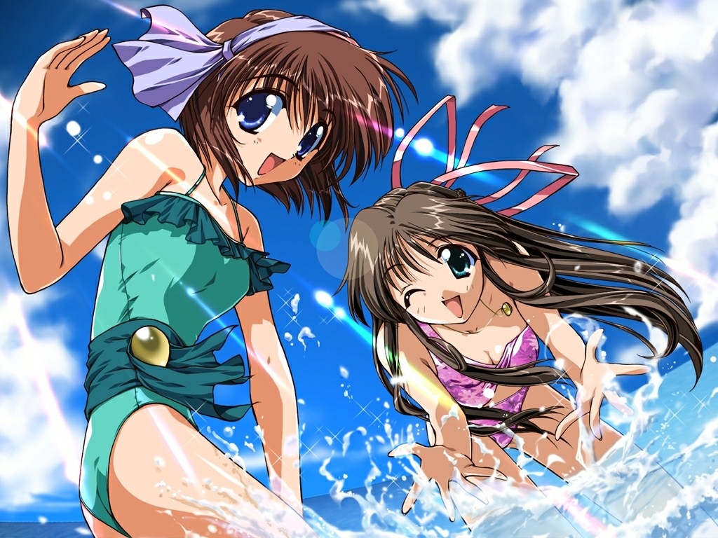hinomori azusa, hinomori mina, pia carrot (series), pia carrot e youkoso!!, 1990s (style), 2girls, bikini, blue eyes, cloud, day, dutch angle, hair ribbon, jewelry, lens flare, long hair, looking at viewer, looking back, multiple girls, necklace, ocean, one eye closed, outdoors, retro artstyle, ribbon, short hair, sky, swimsuit, wink
