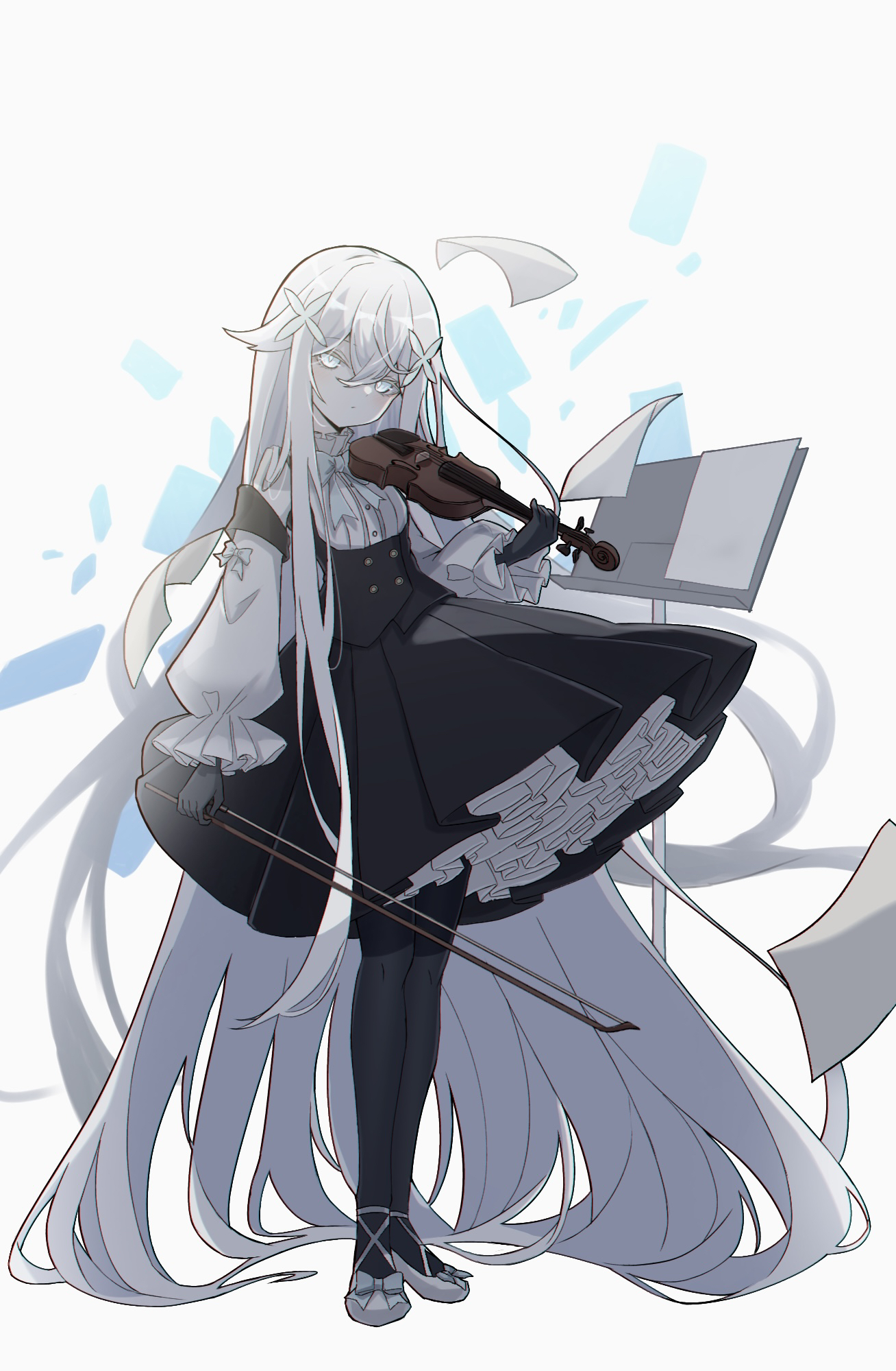 white light (cegk4227), original, highres, 1girl, absurdly long hair, black dress, black gloves, black pantyhose, dress, full body, gloves, holding, holding instrument, holding violin, instrument, long hair, long sleeves, looking at viewer, pantyhose, puffy long sleeves, puffy sleeves, shirt, shoes, solo, standing, very long hair, violin, white background, white eyes, white hair, white shirt, white shoes, white theme