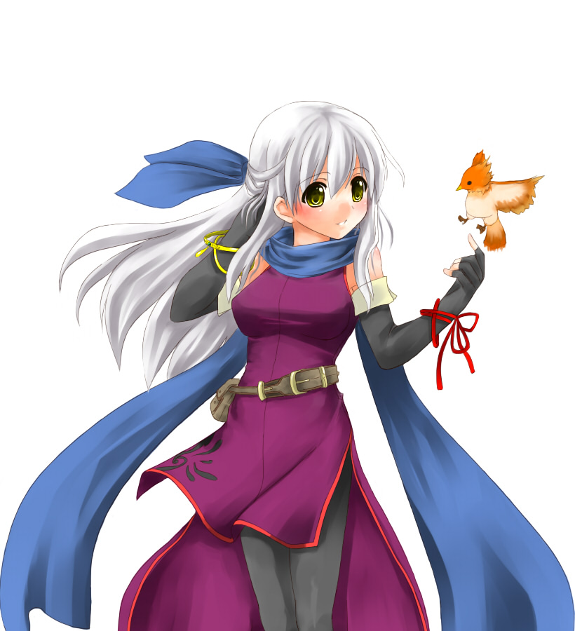 yuuki (ashitahare), micaiah (fire emblem), yune (fire emblem), fire emblem, fire emblem: radiant dawn, nintendo, silver hair, bad id, bad pixiv id, 1girl, bare shoulders, bird, black gloves, black pantyhose, blue scarf, bracelet, dress, elbow gloves, female focus, fingerless gloves, gloves, half updo, jewelry, long hair, pantyhose, ribbon, scarf, side slit, simple background, sleeveless, sleeveless dress, smile, solo, white background, yellow eyes