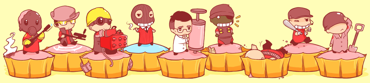 demoman (tf2), engineer (tf2), heavy (tf2), medic (tf2), pyro (tf2), red demoman (tf2), red engineer (tf2), red heavy (tf2), red medic (tf2), red pyro (tf2), red scout (tf2), red sniper (tf2), red soldier (tf2), red spy (tf2), scout (tf2), sniper (tf2), soldier (tf2), spy (tf2), team fortress 2, bad deviantart id, bad id, long image, wide image, 6+boys, bandaged hand, baseball bat, chibi, cupcake, everyone, flamethrower, food, glasses, gun, hard hat, helmet, holding flamethrower, holding weapon, male focus, multiple boys, shovel, syringe, weapon, worktool