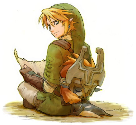 ponky, link, midna, nintendo, the legend of zelda, the legend of zelda: twilight princess, lowres, 1boy, 1girl, back-to-back, blonde hair, gloves, pointy ears, sleeping