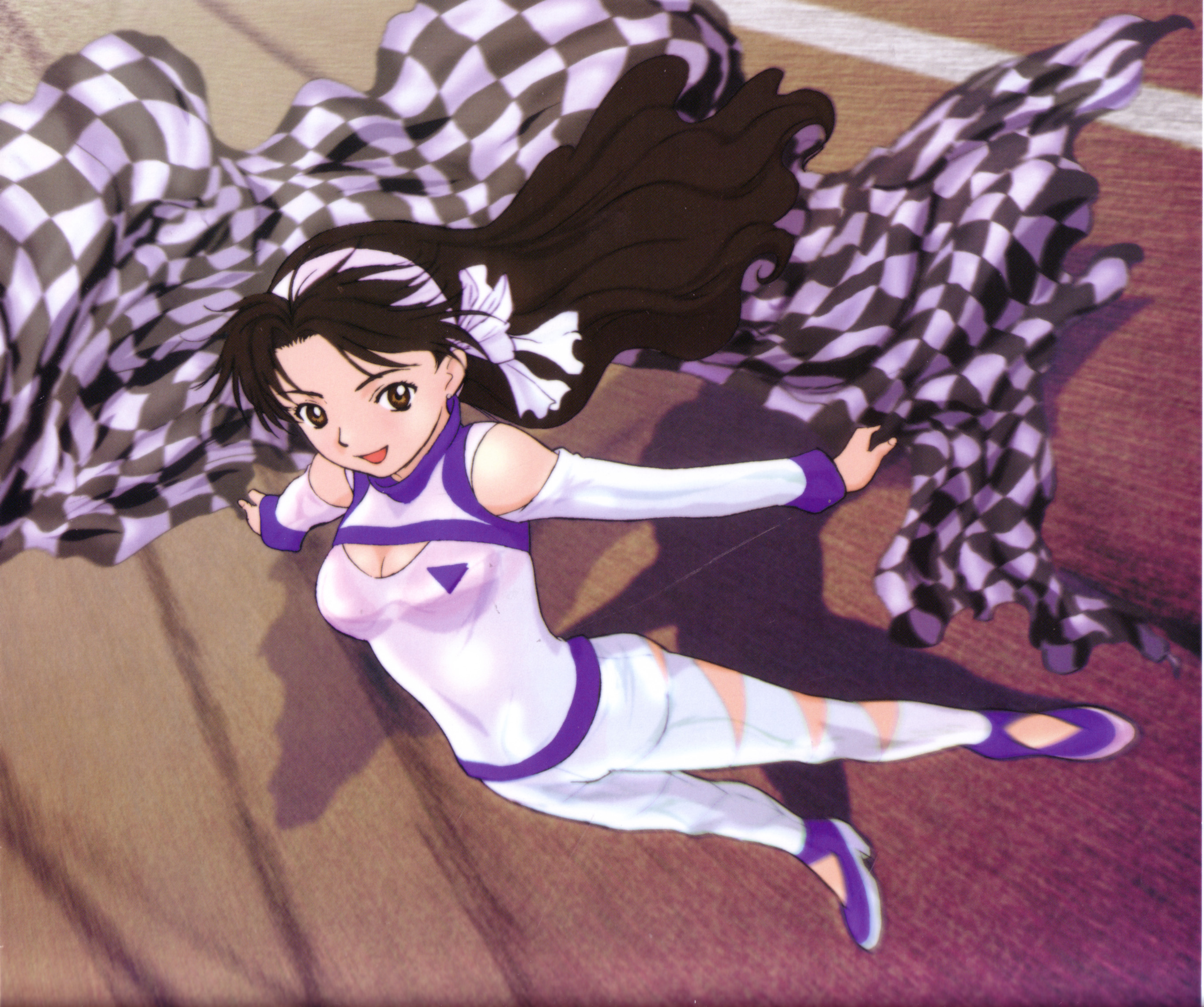 hisayuki hirokazu, yuuki rena, future gpx cyber formula, my-hime, artbook, highres, 00s, 1990s (style), 1girl, bodysuit, breasts, checkered flag, cleavage cutout, clothing cutout, female focus, flag, from above, full body, hairband, high heels, looking at viewer, medium breasts, race queen, retro artstyle, running track, shoes, smile, solo, standing, wind