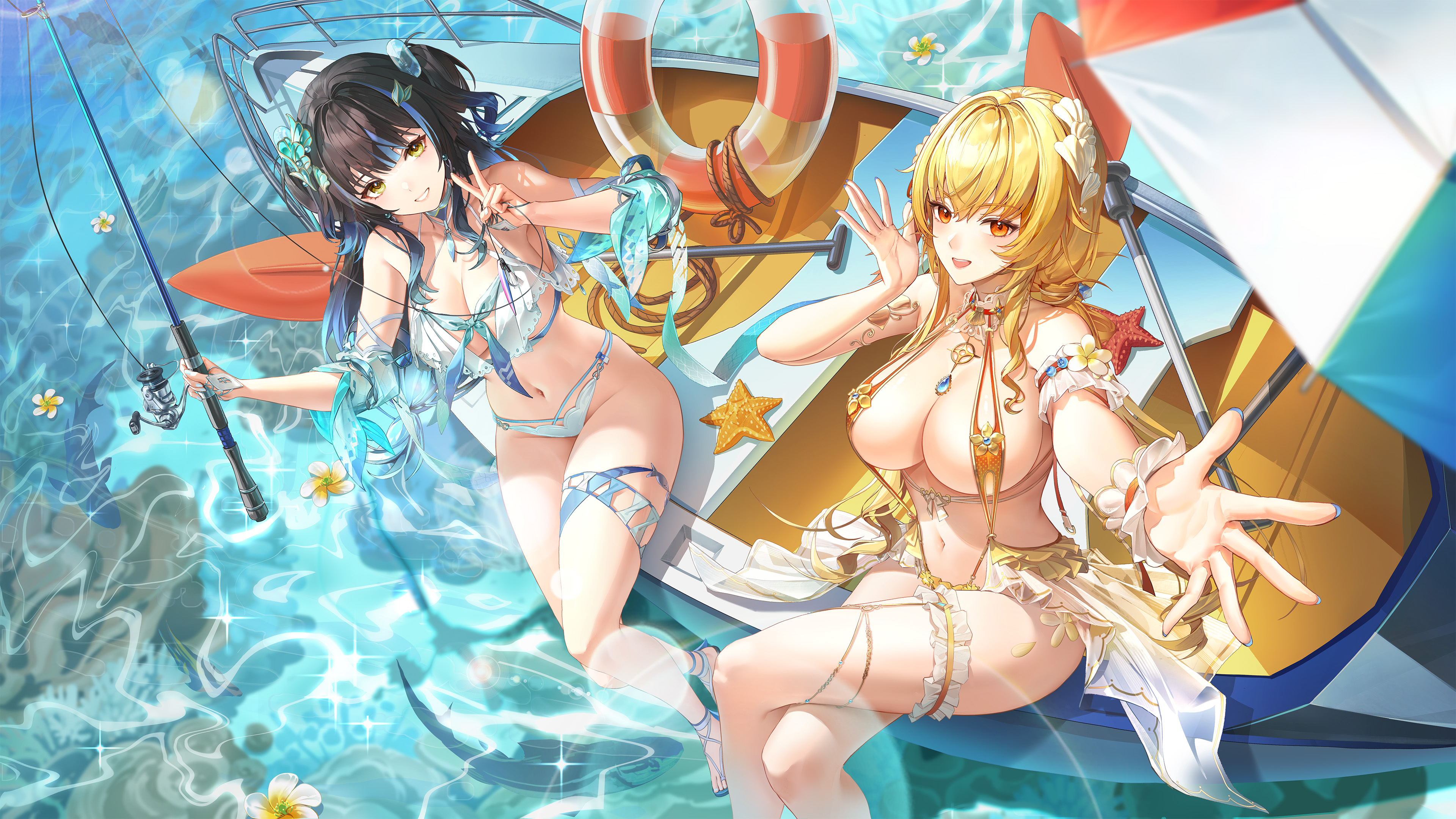 fenny golden, siris (snowbreak), snowbreak: containment zone, absurdres, highres, official art, 2girls, arm garter, bare shoulders, bikini, black hair, blonde hair, blue hair, boat, breasts, choker, cleavage, crossed legs, detached sleeves, fishing rod, frilled thigh strap, gradient hair, grin, hair ornament, halterneck, holding, large breasts, long hair, looking at viewer, low twintails, multicolored hair, multiple girls, navel, neckerchief, open mouth, orange eyes, orange slingshot swimsuit, outstretched arm, short sleeves, sitting, slingshot swimsuit, smile, stomach, streaked hair, string bikini, swimsuit, thigh strap, thighs, twintails, two-tone hair, two side up, v, very long hair, water, watercraft, white bikini, white choker, yellow eyes