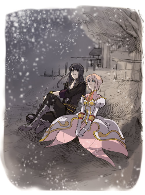 estellise sidos heurassein, yuri lowell, tales of (series), tales of vesperia, grey footwear, 00s, 1boy, 1girl, black hair, boots, couple, dress, gloves, hetero, knee boots, long hair, night, pink hair, short hair
