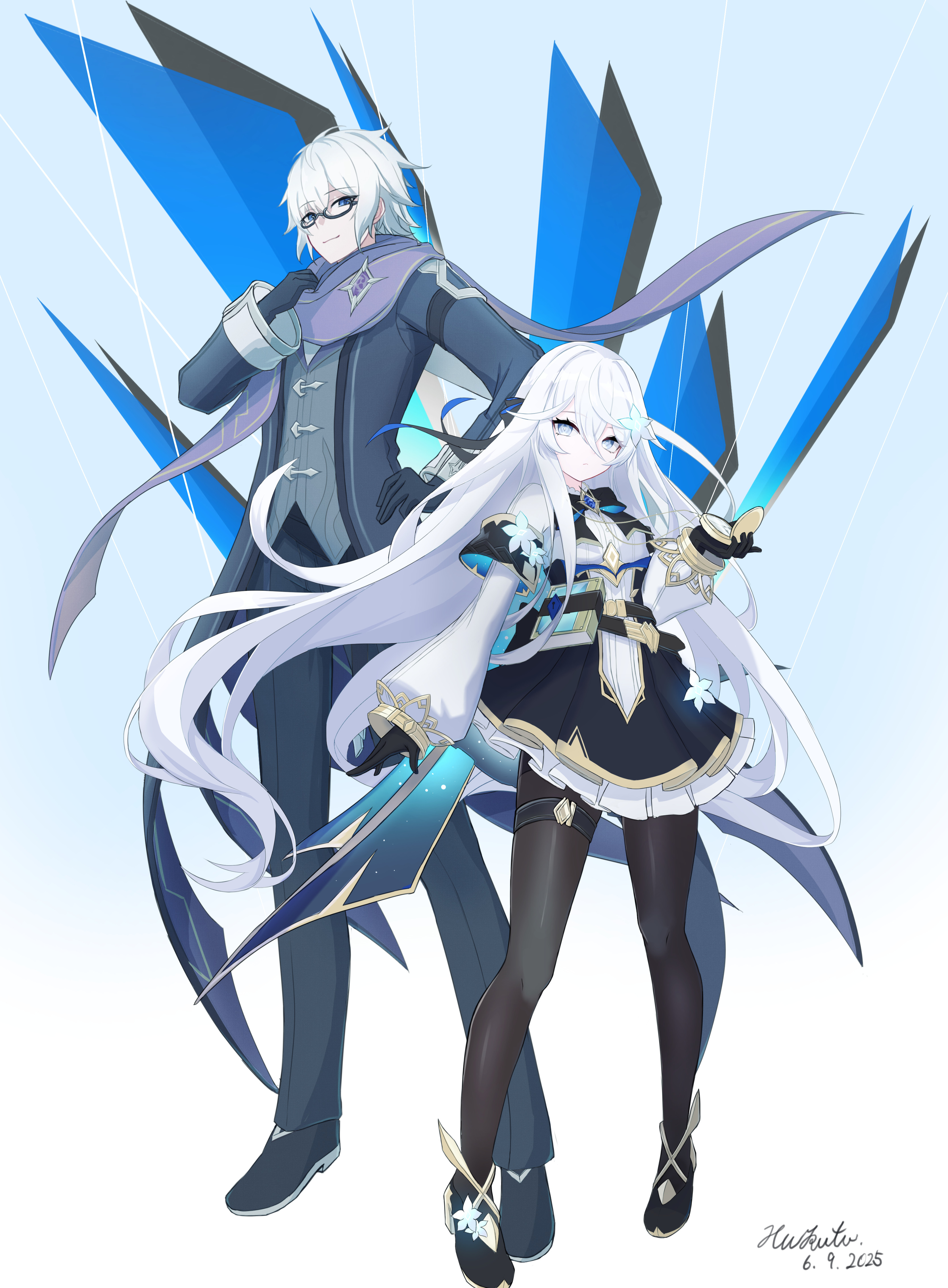 white light (cegk4227), original, absurdres, highres, 1boy, 1girl, artist name, belt, black dress, black gloves, black pantyhose, black shoes, blue eyes, dated, dress, flower, full body, glasses, gloves, grey jacket, grey pants, grey shirt, hair flower, hair ornament, jacket, layered dress, long hair, long sleeves, looking at viewer, pants, pantyhose, puffy long sleeves, puffy sleeves, purple scarf, scarf, shirt, shoes, short hair, signature, standing, white dress, white flower, white hair