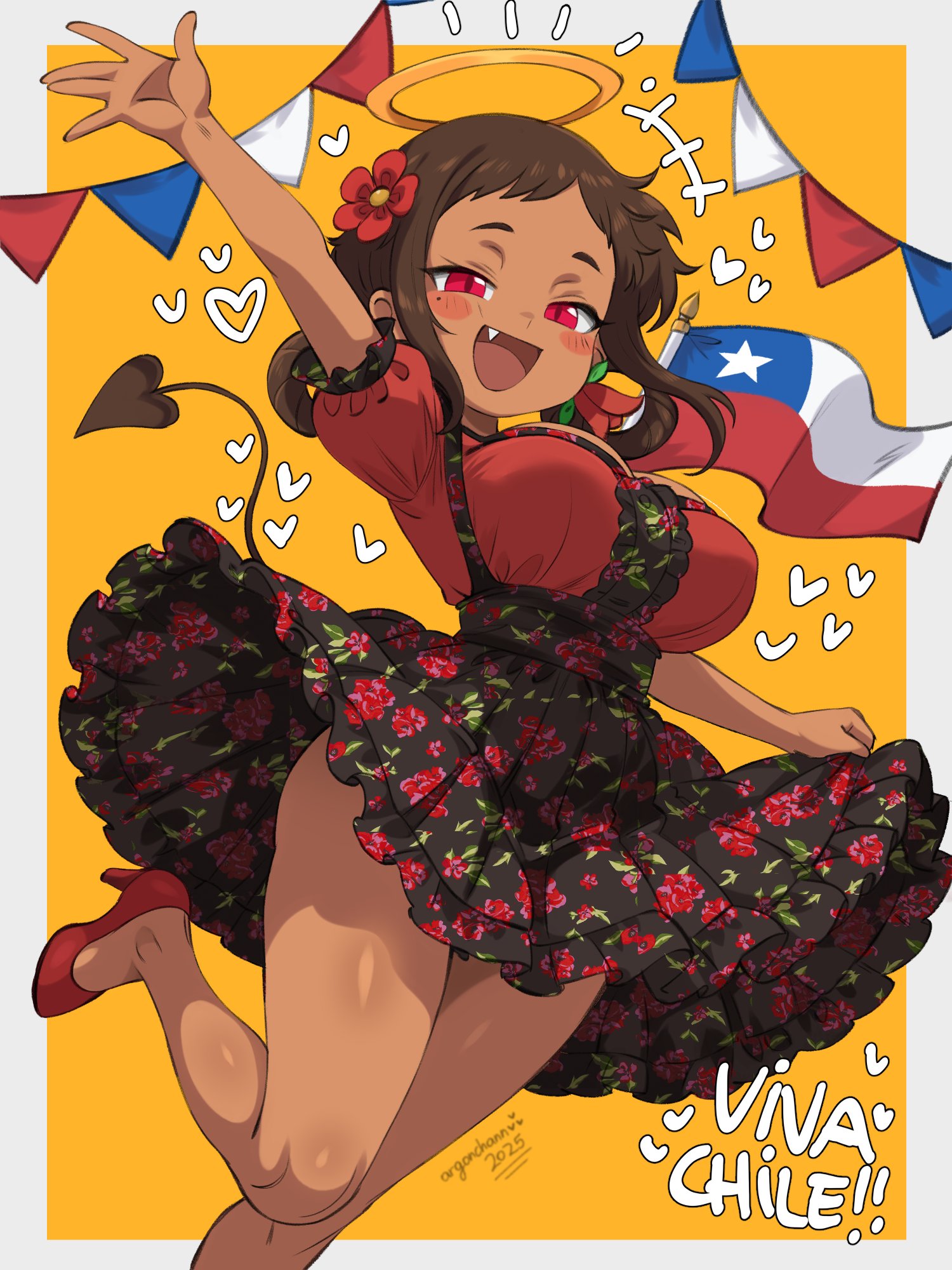 argonchann, argon-chan (argonchann), original, commentary request, highres, 1girl, :d, arm up, artist name, black skirt, blush stickers, border, breasts, brown hair, chilean flag, dark-skinned female, dark skin, dress, fang, floral print, floral print skirt, flower, hair flower, hair ornament, halo, heart, high heels, large breasts, legs, looking at viewer, mole, mole under eye, open mouth, outside border, print skirt, red dress, red eyes, red flower, red shoes, shoes, short bangs, short hair, short sleeves, skirt, skirt hold, smile, solo, white border, yellow background, yellow halo