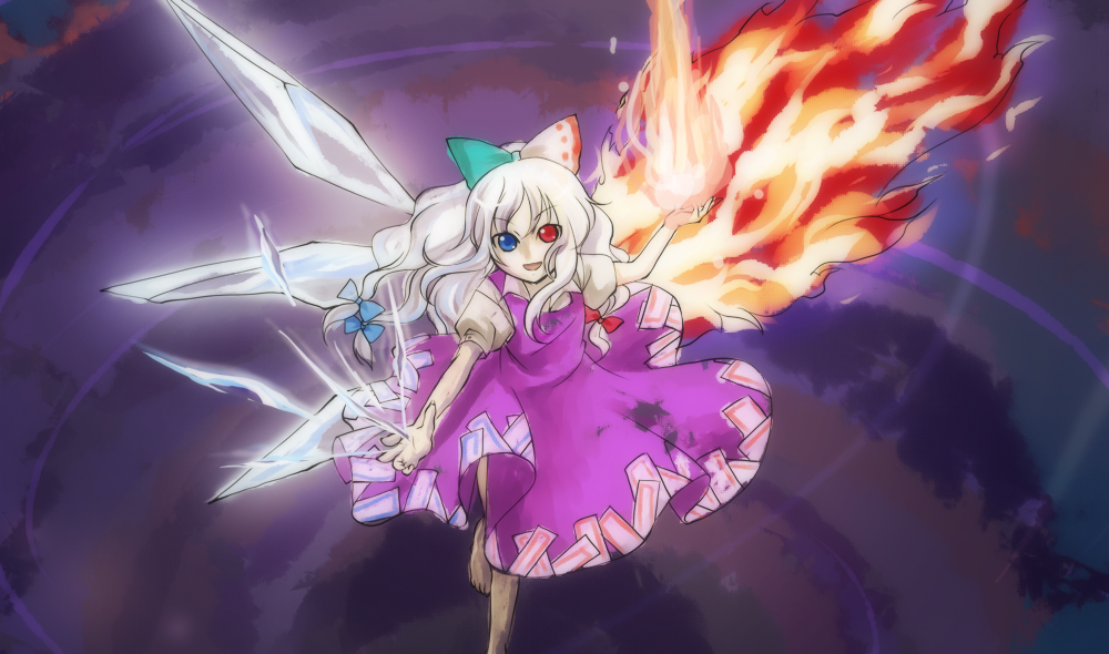 cirno, fujiwara no mokou, touhou, 1girl, dress, female focus, fire, fusion, heterochromia, if they mated, solo