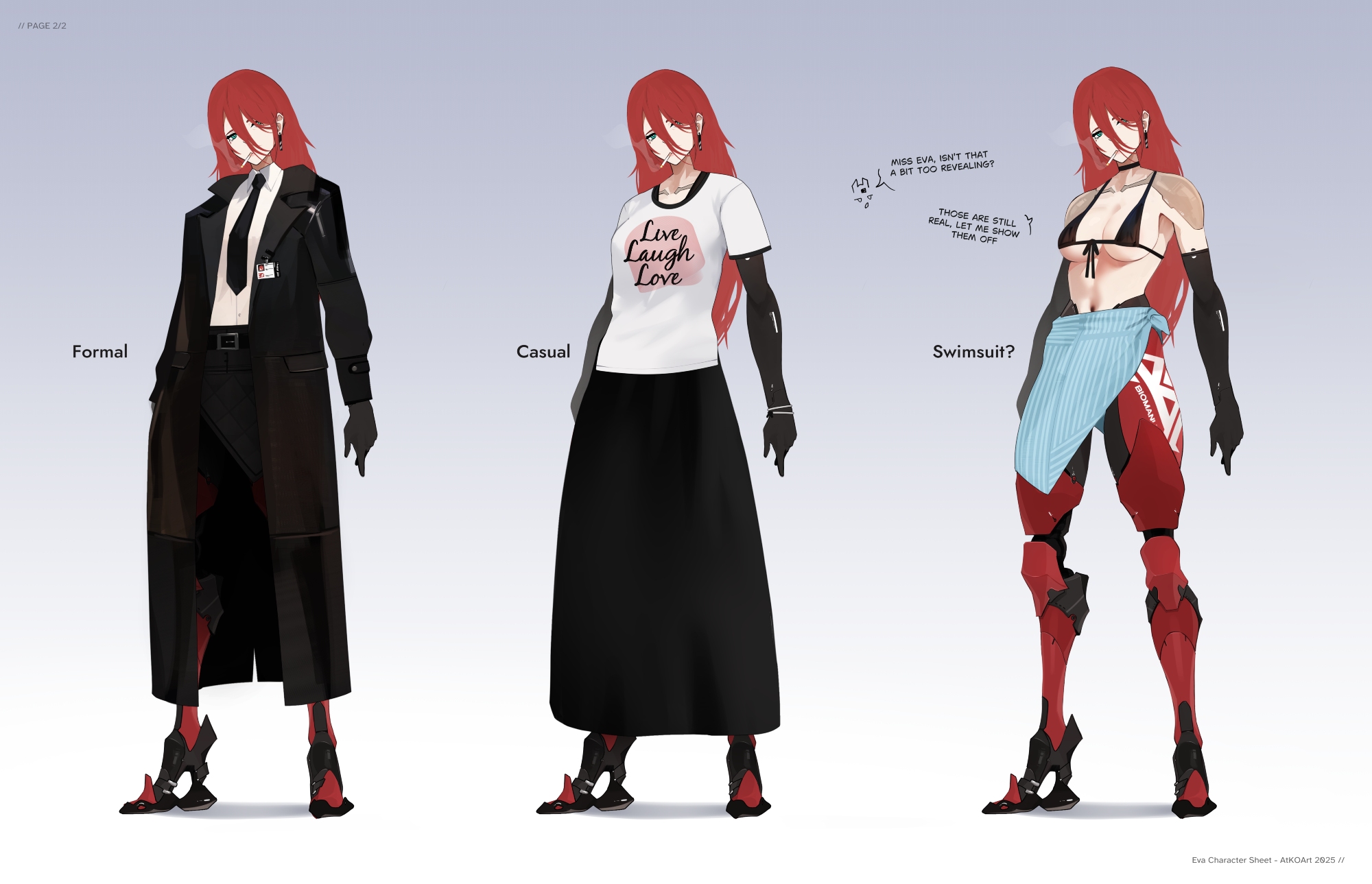 the atko, original, commentary, english commentary, highres, 1girl, alternate costume, belt, bikini, bikini skirt, black belt, black bikini, black coat, black gloves, black necktie, black skirt, blue eyes, blue skirt, bracelet, breasts, casual, coat, collarbone, collared shirt, dress shirt, earrings, elbow gloves, english text, eva (the atko), formal clothes, front-tie bikini top, front-tie top, full body, gloves, gradient background, grey background, hair between eyes, jewelry, joints, large breasts, live laugh love, logo, long hair, long skirt, looking at viewer, mechanical arms, mechanical legs, multiple views, navel, necktie, prosthesis, prosthetic arm, red hair, robot joints, shadow, shirt, skirt, smoking, speech bubble, standing, string bikini, swimsuit, t-shirt, trench coat, white background, white shirt