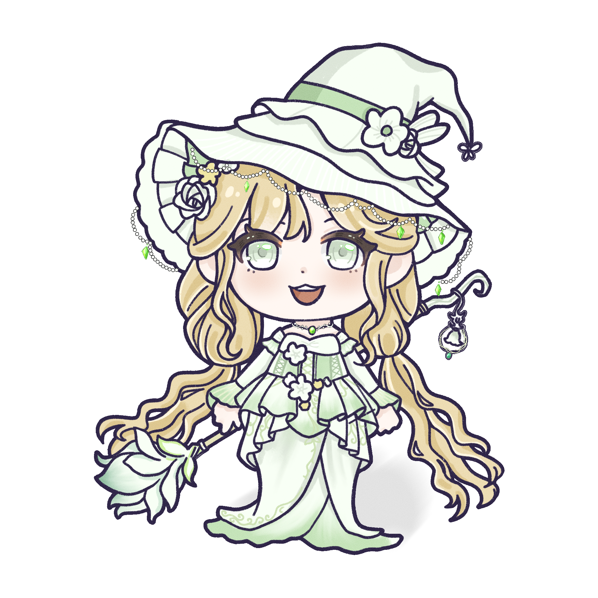 infinity nikki, nikki (series), chinese commentary, commentary request, highres, 1girl, bare shoulders, bead necklace, beads, blonde hair, broom, butterfly hat ornament, chibi, circlet, cross-laced clothes, cross-laced dress, dot nose, dress, dress flower, eyelashes, flower, frilled dress, frilled headwear, frilled sleeves, frills, gem, green dress, green eyes, green gemstone, green hat, hair beads, hair flower, hair ornament, happy, hat, hat flower, hat ornament, holding, holding broom, jewelry, lantern, layered sleeves, light blush, long dress, long hair, long sleeves, low twintails, necklace, off-shoulder dress, off shoulder, open mouth, rainfall & blossoms (infinity nikki), rose, shadow, short over long sleeves, short sleeves, sidelocks, simple background, smile, solo, standing, straight-on, teeth, twintails, upper teeth only, very long hair, white background, white flower, white rose, witch, witch hat, xinyuejiang382