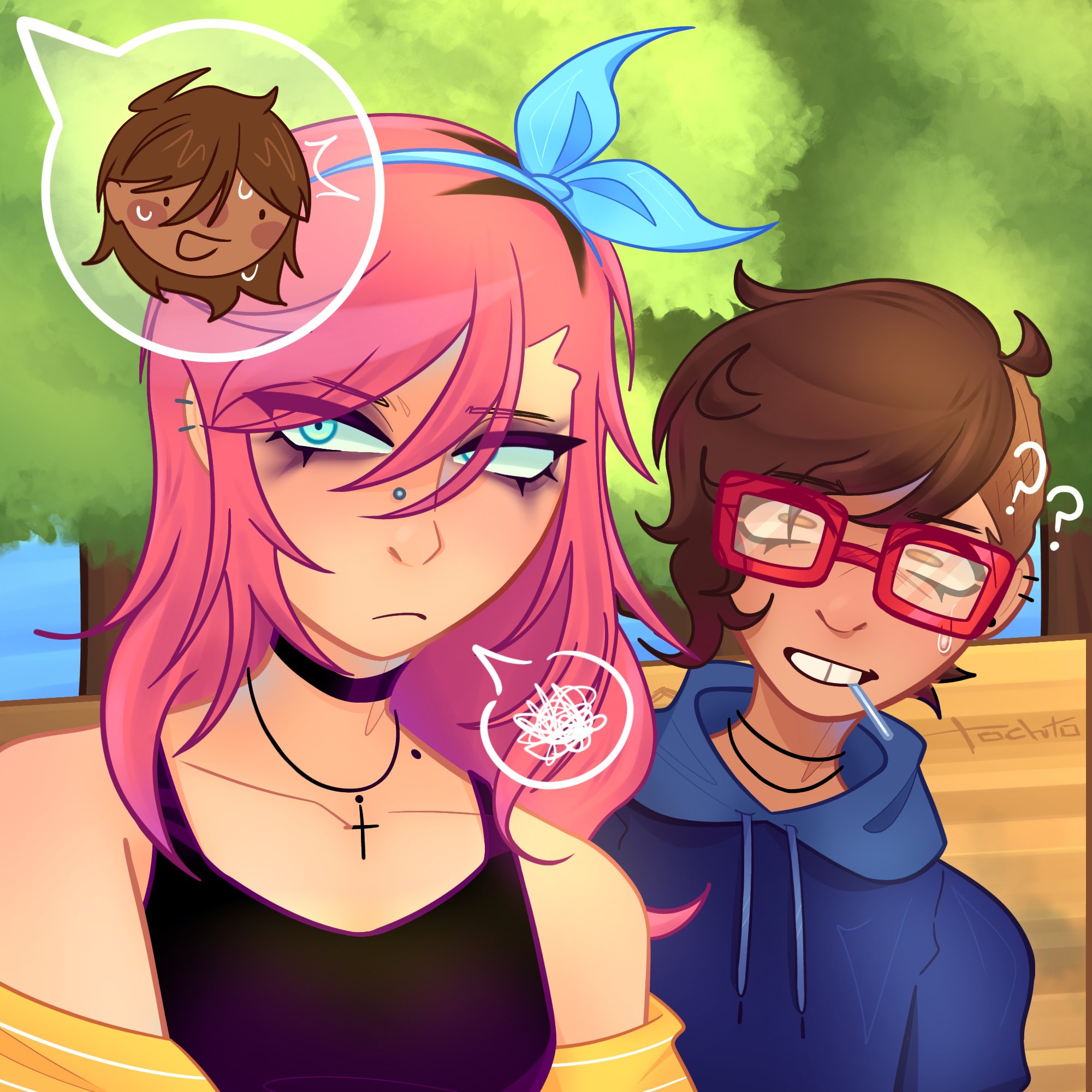 aubrey (faraway) (omori), aubrey (omori), kel (omori), kim (omori), omori, artist request, highres, !?, 2girls, blue eyes, brown hair, hood, hoodie, multiple girls, park, pink hair, smile, tochochocho, yellow eyes