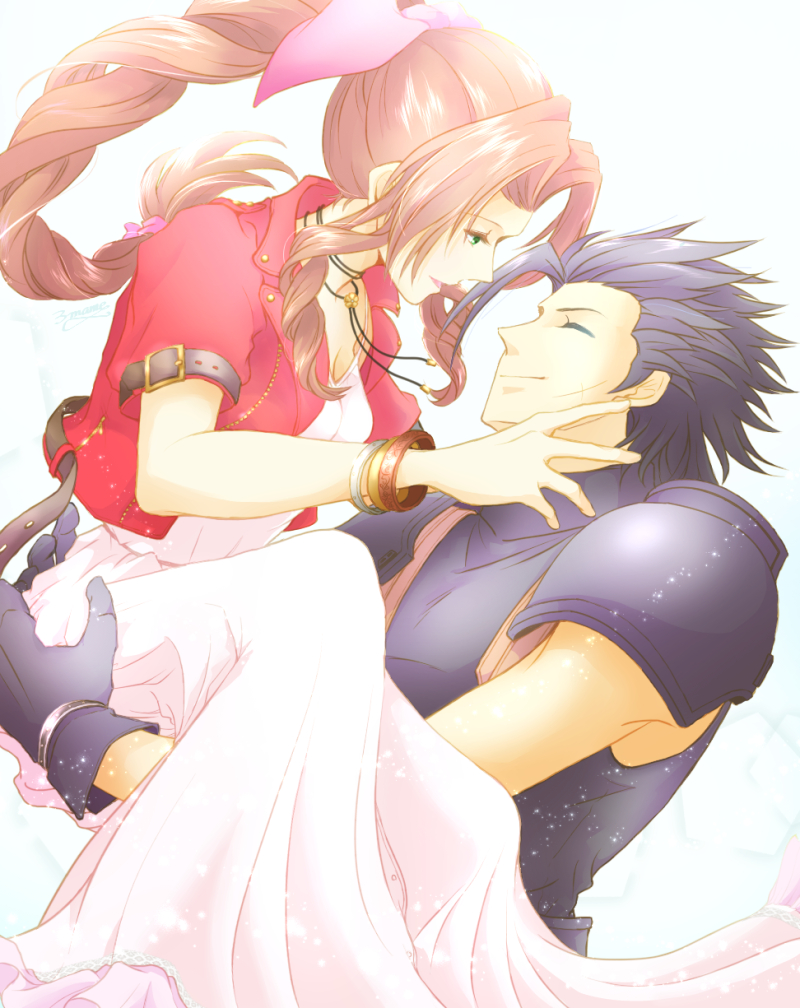 3mame 000 185, aerith gainsborough, zack fair, crisis core final fantasy vii, final fantasy, final fantasy vii, final fantasy vii remake, commentary request, 1boy, 1girl, armor, black gloves, black hair, black sweater, braid, braided ponytail, brown hair, carrying, closed eyes, closed mouth, couple, cross scar, dress, facial scar, facing another, feet out of frame, from side, gloves, hair ribbon, jacket, looking at another, open clothes, open jacket, parted bangs, pink dress, pink ribbon, ponytail, princess carry, red jacket, ribbon, scar, scar on cheek, scar on face, short sleeves, shoulder armor, sleeveless, sleeveless turtleneck, spiked hair, sweater, turtleneck, turtleneck sweater, upper body