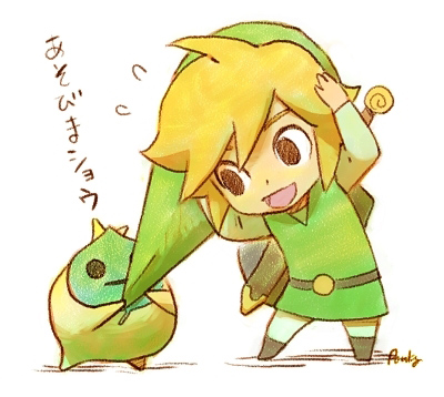 ponky, korok, link, makar, toon link, nintendo, the legend of zelda, the legend of zelda: the wind waker, lowres, translated, 1boy, blonde hair, chibi, green tunic, male focus, shield, shield on back, smile, solo, sword, sword on back, tunic, weapon, weapon on back