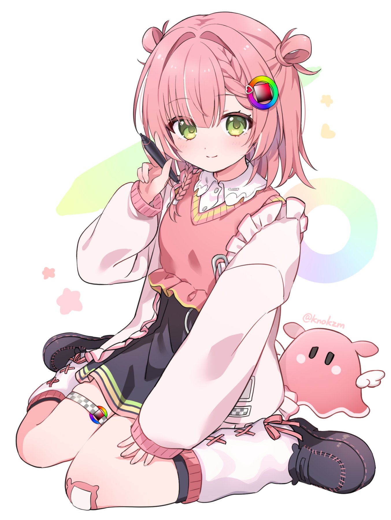 knokzm, indie virtual youtuber, highres, 1girl, black shoes, black skirt, black socks, blue shirt, braid, breasts, closed mouth, color picker, dot nose, eyes visible through hair, fake transparency, full body, green eyes, hair intakes, hair ornament, hair rings, hand up, heart, holding, holding pen, jacket, leg warmers, light blush, long sleeves, looking at viewer, medium hair, miniskirt, multicolored hair, music, nufucha (vtuber), open clothes, open jacket, pen, pink hair, shirt, shoes, singing, sitting, skirt, small breasts, smile, socks, solo, streaked hair, wariza, white background, white hair, white jacket, white leg warmers