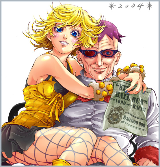chitose (love strip), chitose (love☆strip), lucy steel, steven steel, jojo no kimyou na bouken, steel ball run, fur, 00s, 1boy, 1girl, 2004, blonde hair, blue eyes, blush, dated, fishnet pantyhose, fishnets, hat, hetero, hug, pantyhose, paper, purple hair, sitting, smile, sunglasses, white background, wristband