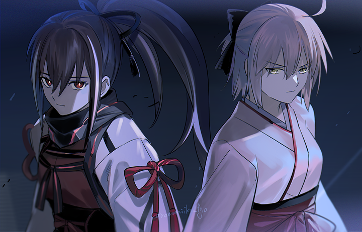 aki (neyuki41028), okita souji (fate), fate/grand order, fate (series), 2girls, ahoge, black bow, black hair, bow, hair bow, japanese clothes, kawakami gensai (fate), kimono, long hair, looking at viewer, multicolored hair, multiple girls, pink hair, pink kimono, ponytail, red eyes, short hair, white hair, yellow eyes