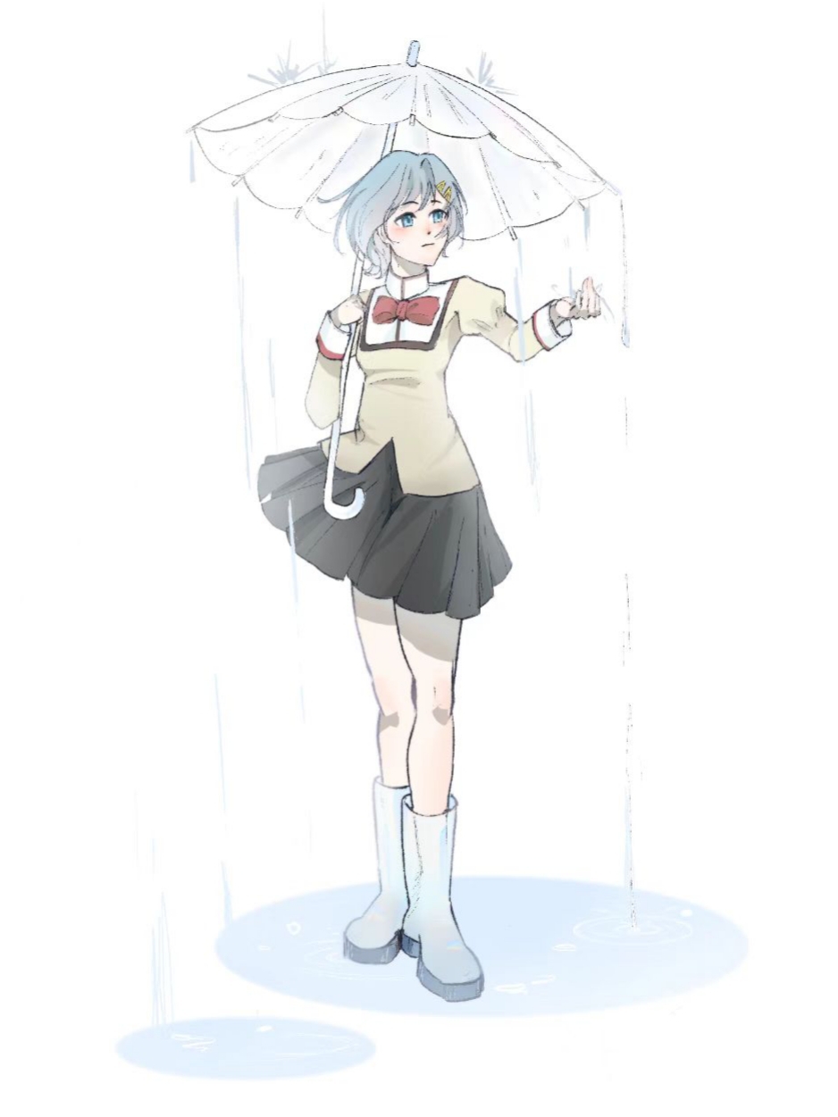 miki sayaka, mahou shoujo madoka magica, mahou shoujo madoka magica (anime), chinese commentary, commentary request, highres, 1girl, black skirt, blue eyes, blue hair, boots, bow, bowtie, closed mouth, collared shirt, dot nose, expressionless, floating clothes, fortissimo, full body, hair ornament, hairclip, high collar, holding, holding umbrella, juliet sleeves, knees, lace-trimmed sleeves, lace trim, layered shirt, light blush, light frown, long sleeves, looking ahead, loose hair strand, miniskirt, mitakihara school uniform, musical note, musical note hair ornament, outstretched hand, pleated skirt, puddle, puffy sleeves, rain, red bow, red bowtie, rubber boots, school uniform, shirt, short hair, simple background, skirt, sleeve cuffs, solo, standing, traditional bowtie, umbrella, umbrella over shoulder, white background, white boots, white shirt, white umbrella, wind, yaza901798, yellow shirt