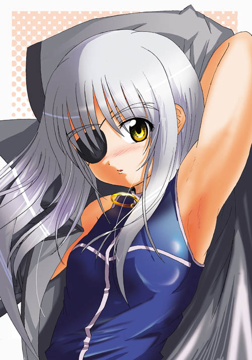 ryuu-tan (miuron), cinque (nanoha), numbers (nanoha), lyrical nanoha, mahou shoujo lyrical nanoha, mahou shoujo lyrical nanoha strikers, silver hair, 00s, 1girl, armpits, bare shoulders, blush, eyepatch, female focus, long hair, solo, stretching, yellow eyes