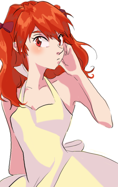 kamerow, souryuu asuka langley, neon genesis evangelion, bad id, bad pixiv id, 1girl, blush, dress, female focus, hair ribbon, orange hair, red eyes, ribbon, solo, yellow dress