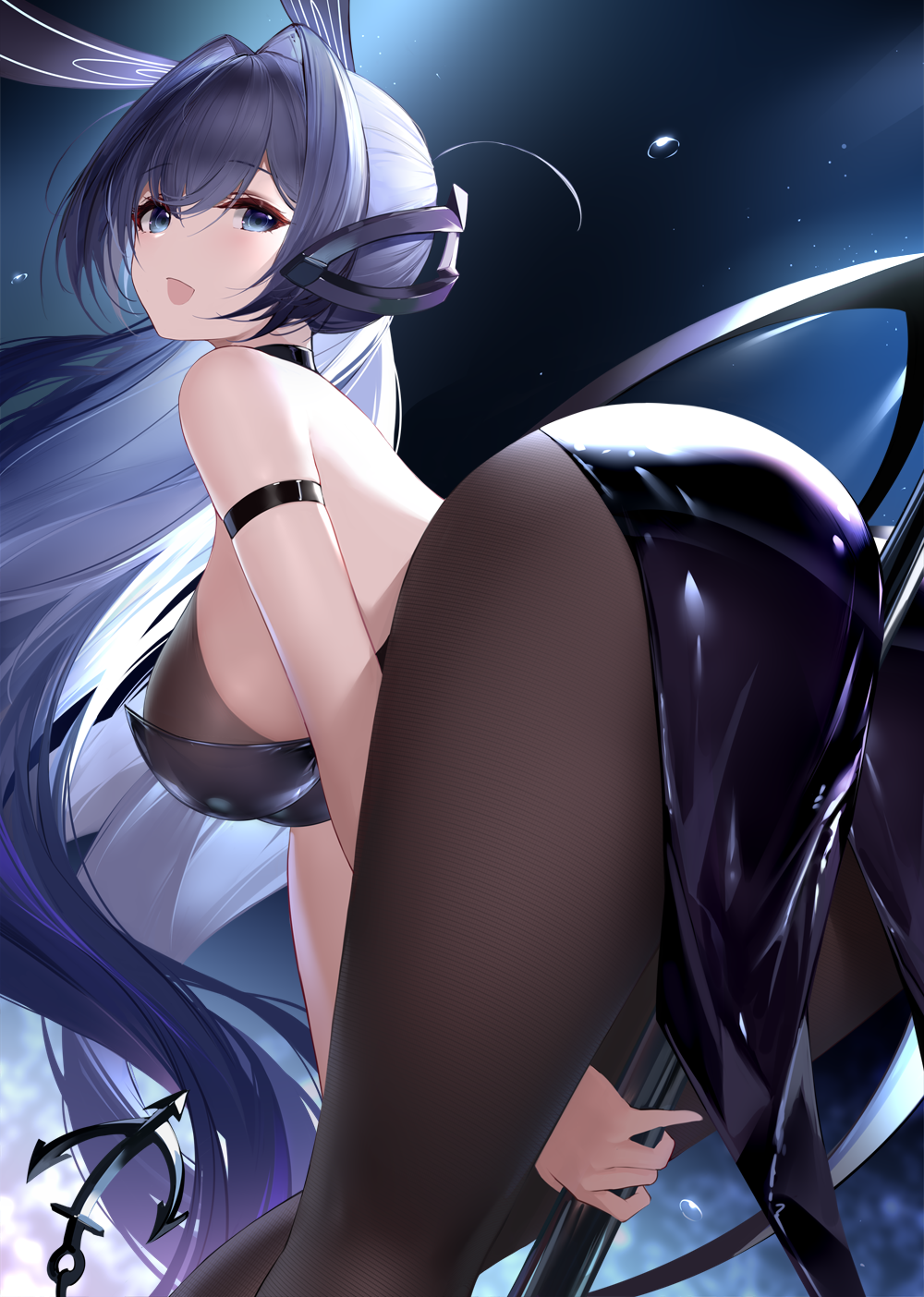 an yasuri, new jersey (azur lane), new jersey (exhilarating steps!) (azur lane), azur lane, highres, 1girl, animal ears, ass, bare shoulders, between buttocks, blue eyes, blue hair, breasts, brown pantyhose, hair intakes, large breasts, long hair, looking at viewer, official alternate costume, open mouth, pantyhose, pole, rabbit ears, stripper pole, thighs, very long hair