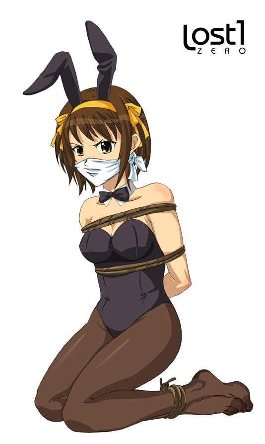 lost one zero, suzumiya haruhi, suzumiya haruhi no yuuutsu, 00s, 1girl, angry, animal ears, arms behind back, bare shoulders, bdsm, bondage, bound, bound ankles, box tie, brown hair, cloth gag, fake animal ears, feet, female focus, gag, gagged, hair ribbon, improvised gag, kneeling, otn, over the nose gag, pantyhose, playboy bunny, rabbit ears, ribbon, rope, short hair, solo, white background