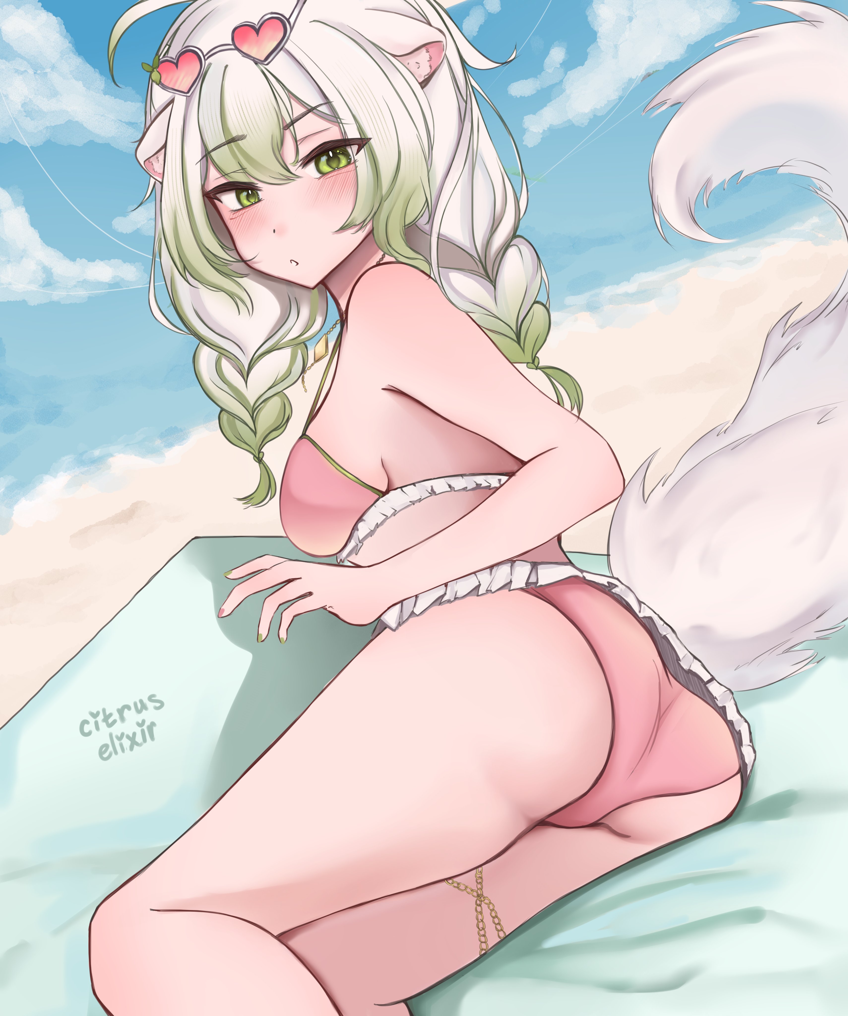 citrus elixir, laimu (vtuber), laimu (vtuber) (summer), vinesauce, absurdres, highres, 1girl, ahoge, animal ears, ass, ass focus, beach, bikini, blush, braid, breasts, eyewear on head, ferret, ferret ears, ferret girl, ferret tail, frilled bikini, frills, glasses, gold thighlet, gradient hair, green eyes, green hair, green nails, hair between eyes, heart, heart-shaped eyewear, looking at viewer, medium breasts, midriff, multicolored hair, ocean, pink nails, sand, summer, sunglasses, swimsuit, thighs, towel, twin braids, two-tone hair, virtual youtuber, white hair, white tail